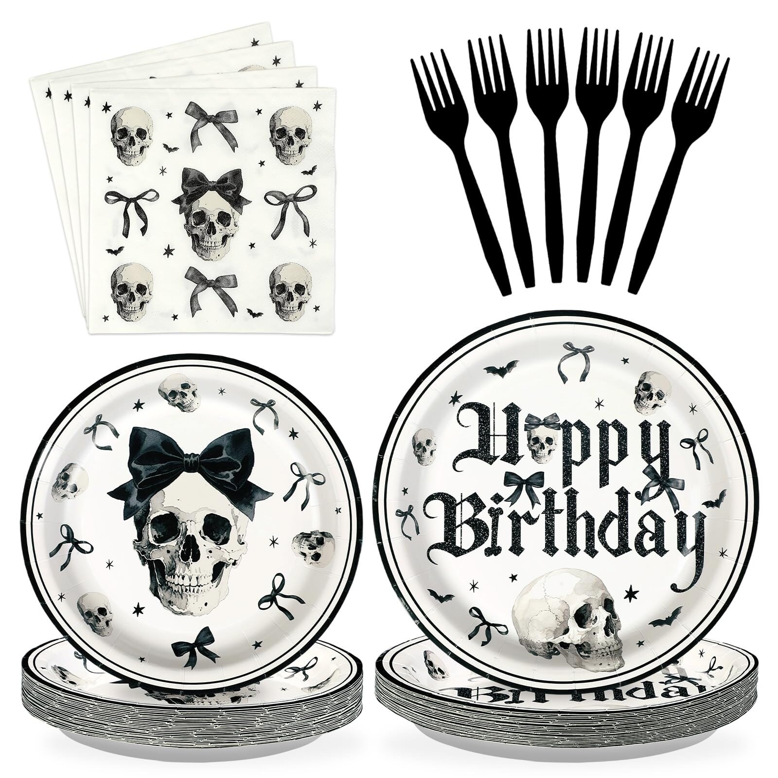 Misopily  96pcs Gothic Birthday Party Tableware Set Skull Bow Plates Napkins Black Forks for Kids Girls Halloween Horror Decorations Serves 24
