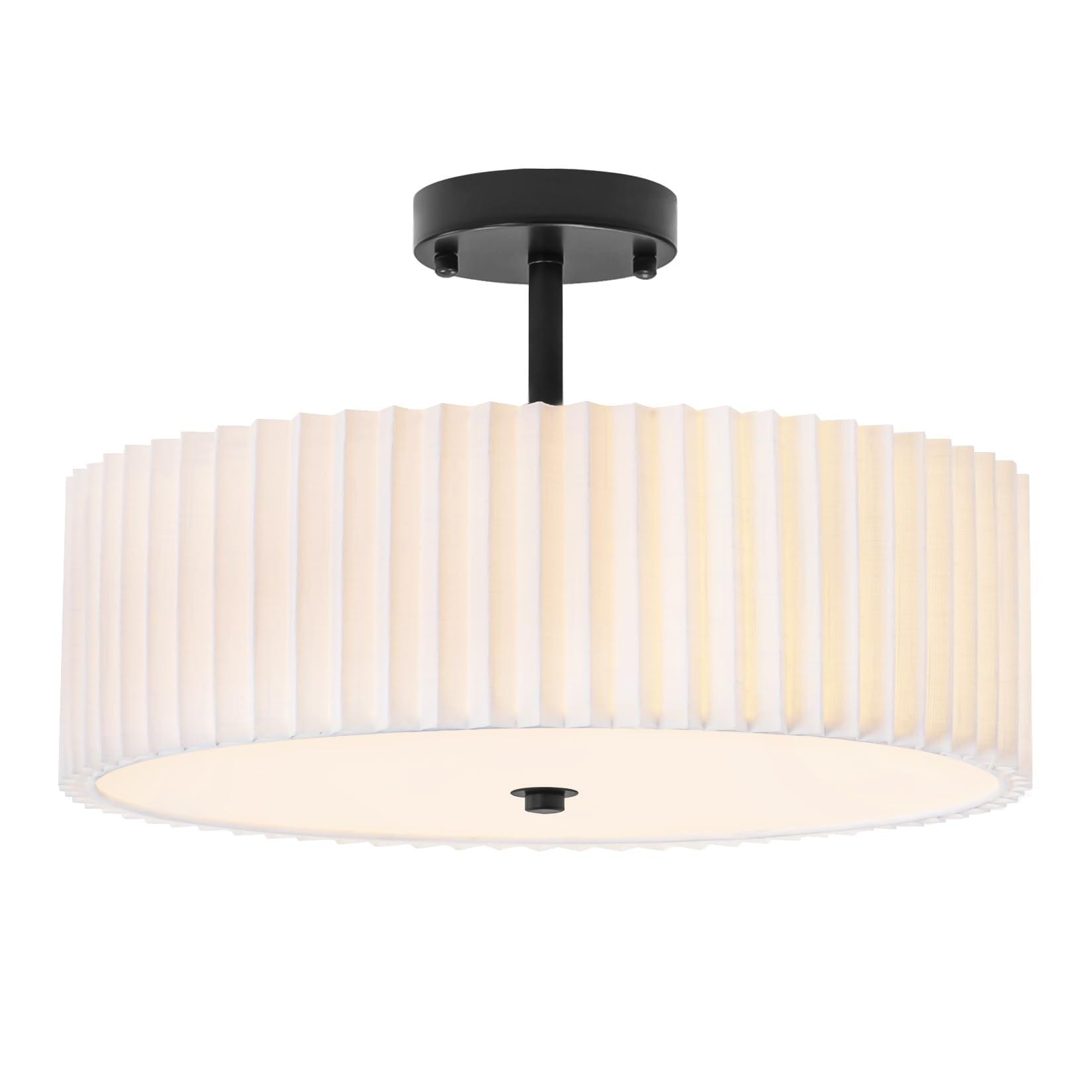 Lukvuzo  16.5 in Semi Flush Mount Ceiling Light 3 Piece Modern Matte Black Fixture Pleated Fabric Shade Acrylic Diffuser for Bedroom Living Room Hallway Dining Room