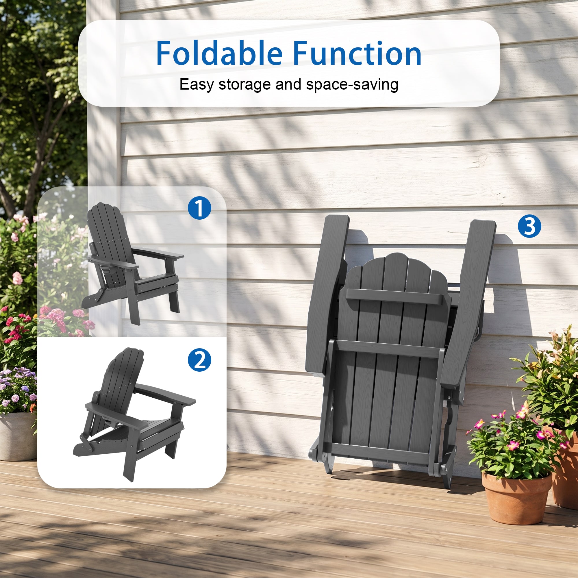 Rattaner Gray HIPS Folding Adirondack Chair 3- Position Adjustable Back ...