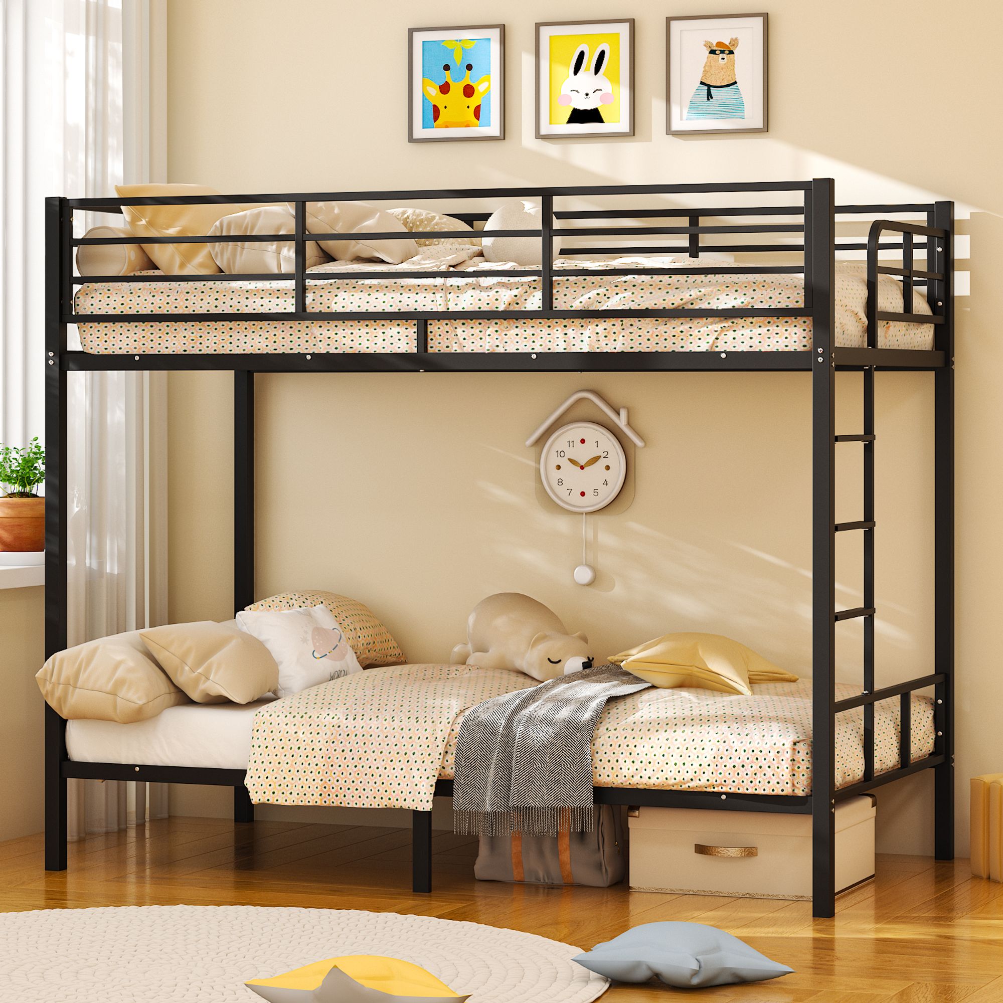 Winado - Black Twin over Twin Steel Bunk Bed Frame with 14.8inch Height Guardrail Bedroom Dorm R...