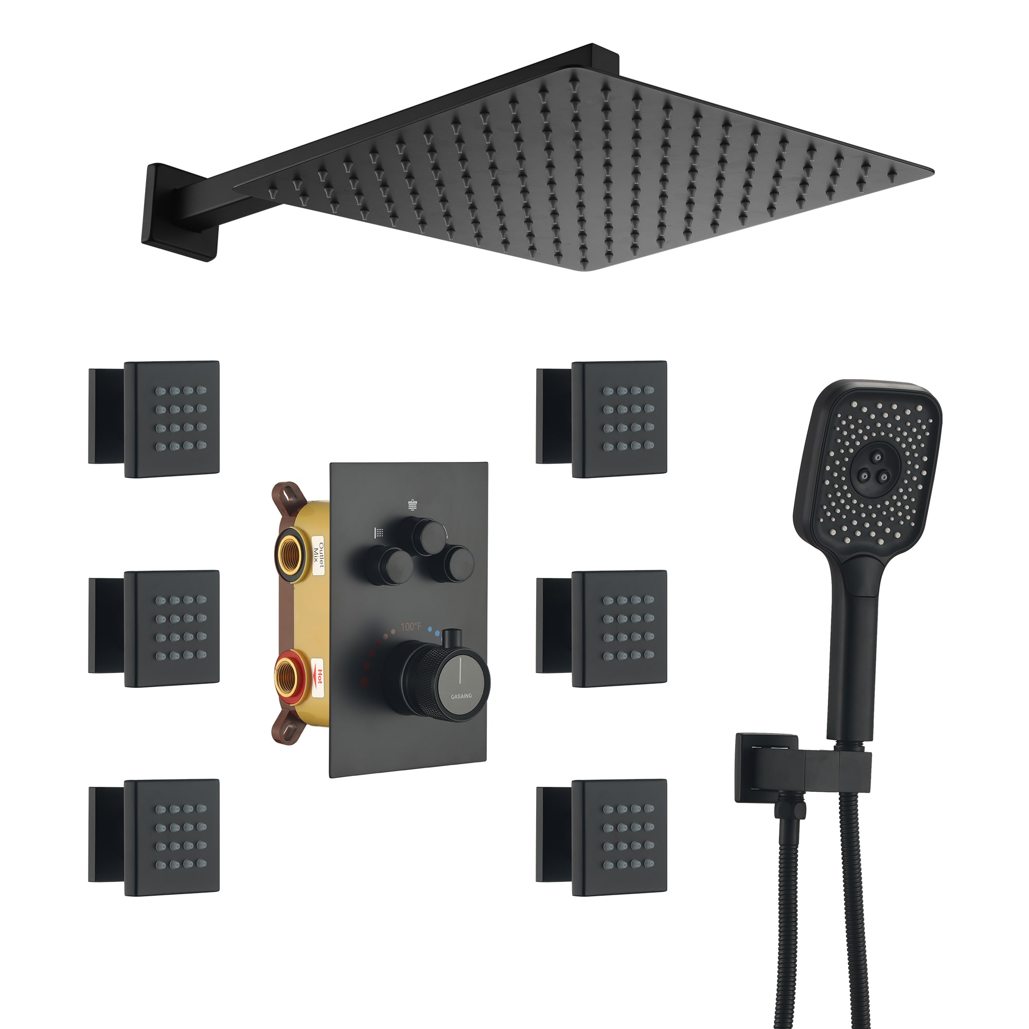 CASAINC MLT-J020588-3 Luxury Matte Black 12-Inches Built-In Shower Faucet System with 3-way Diverter ( Thermostatic Valve Included )