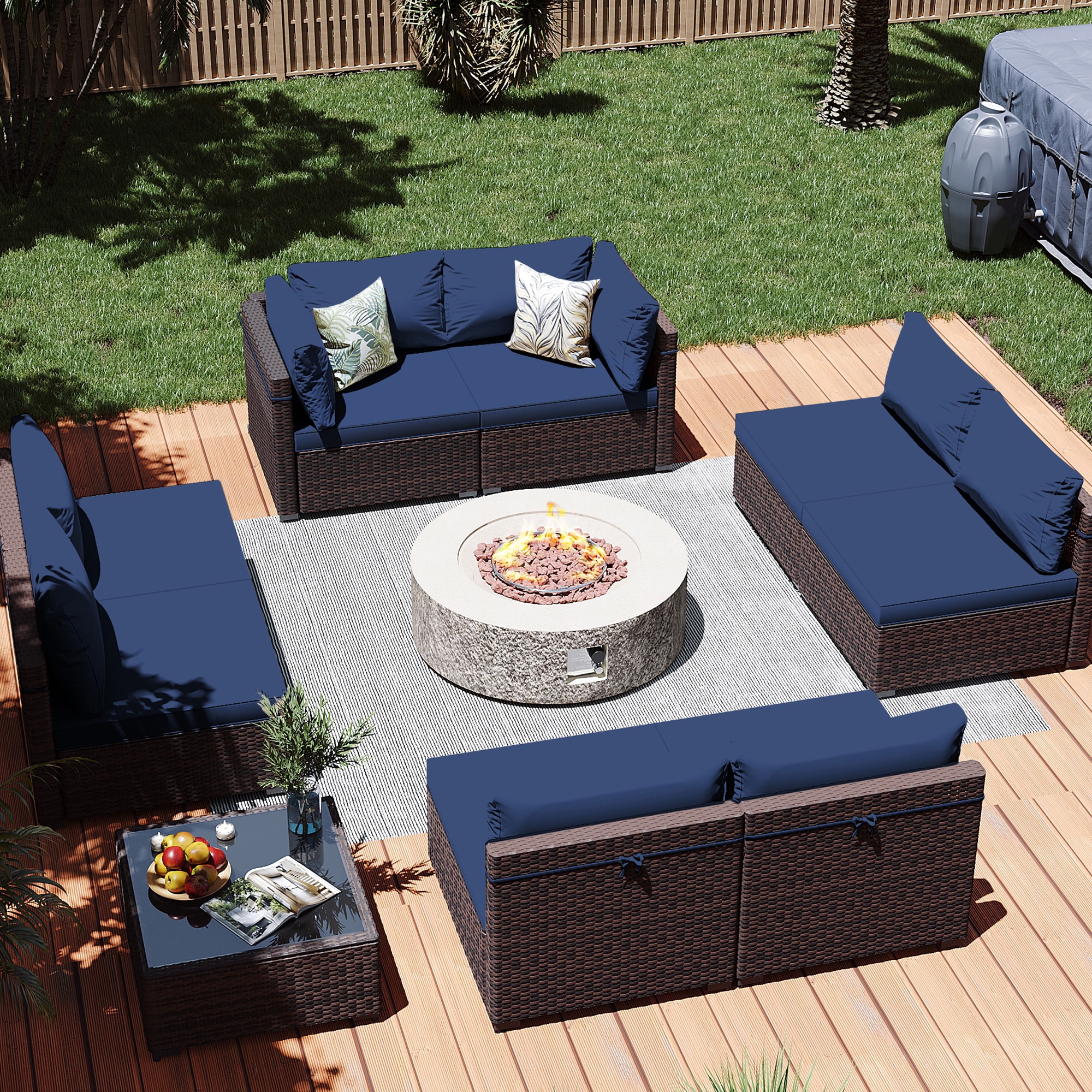 Patio Watcher LS-RT9-42QQBE-B2 10 -Piece Rattan Patio Conversation Set with Blue Cushions