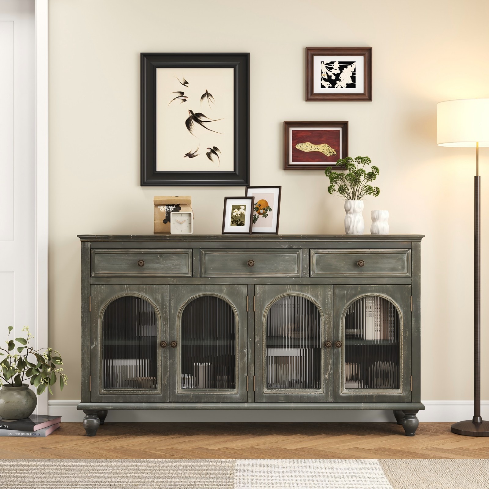 GlasFlength  59.06-Inch Farmhouse Sideboard Buffet Cabinet with 3 Drawers 4 Glass Doors and Shelves for Kitchen Dining Room Living Room Black Gray
