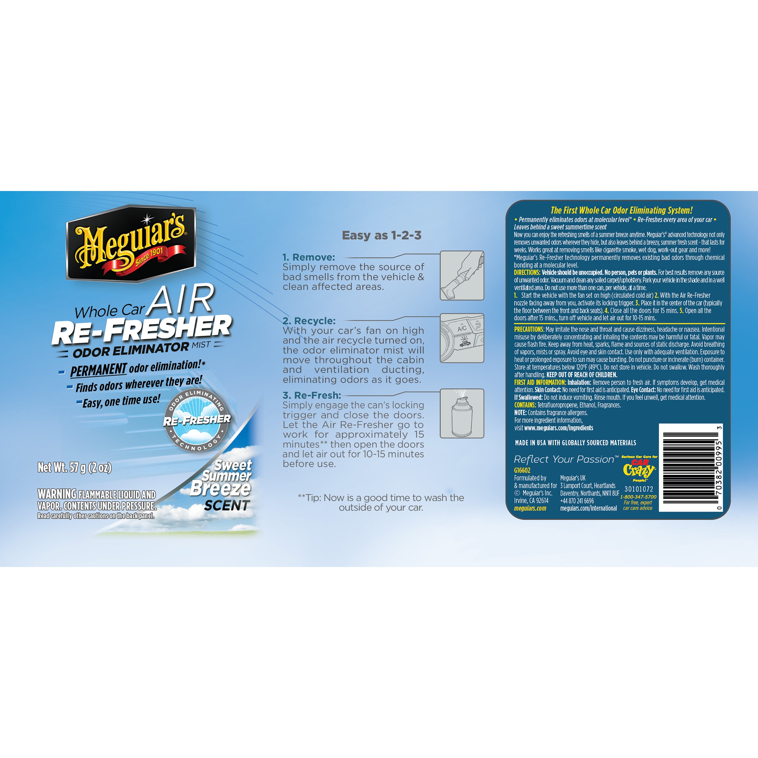 Meguiar's Whole Car Air Re-Fresher Odor Eliminator Mist – New Car Scent –  G16402, 2 oz(Pack of 6)