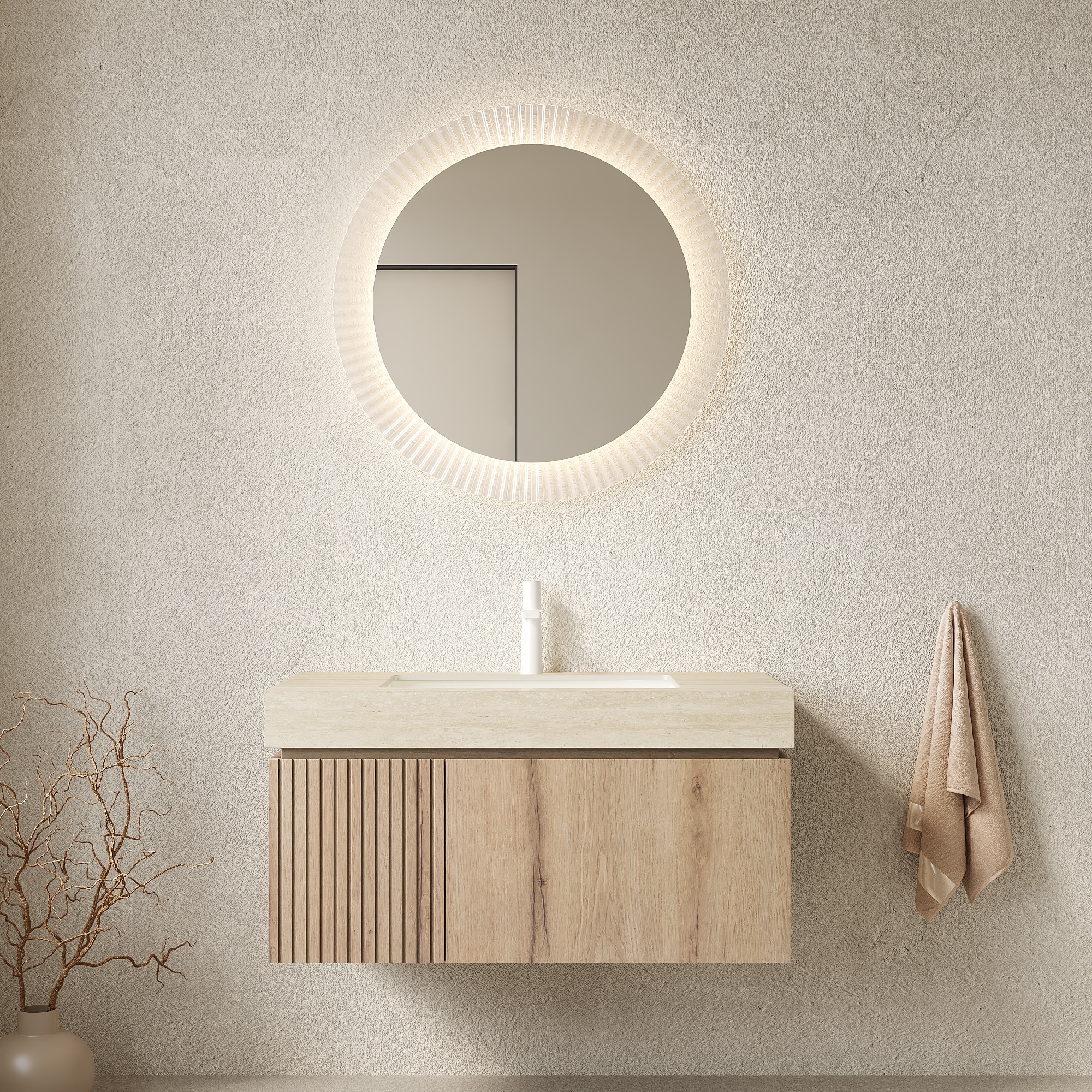 Wooakway 36 In White Oak Floating Bathroom Vanity with Ceramic Basin and Roma Travertine Sintered Stone Top Pre-Assembled