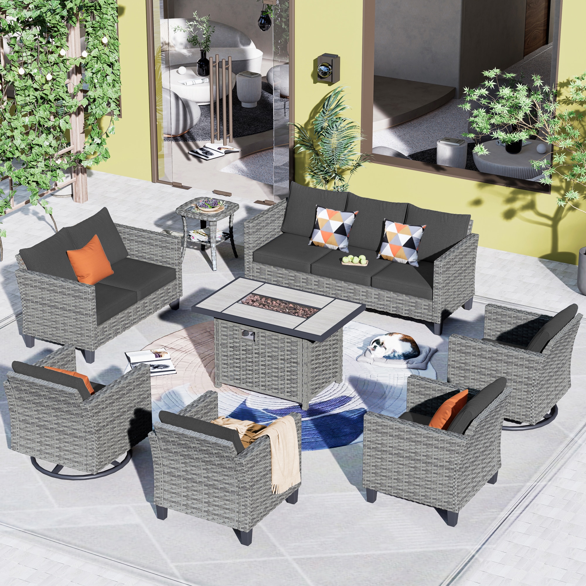 Pouuin SRFPYZGRS1011 8 -Piece Wicker Patio Sofa Conversation Set with Black Cushions