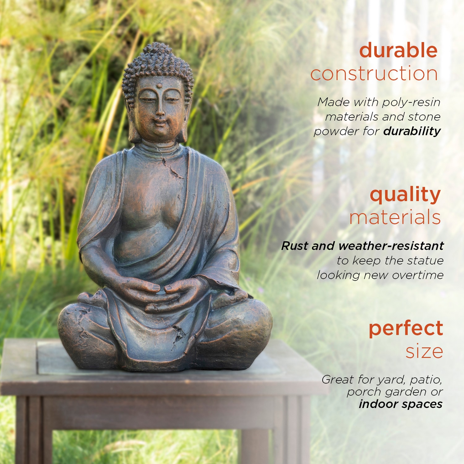 15" Aged Bronze Meditating Buddha Statue for Indoor/Outdoor Decor