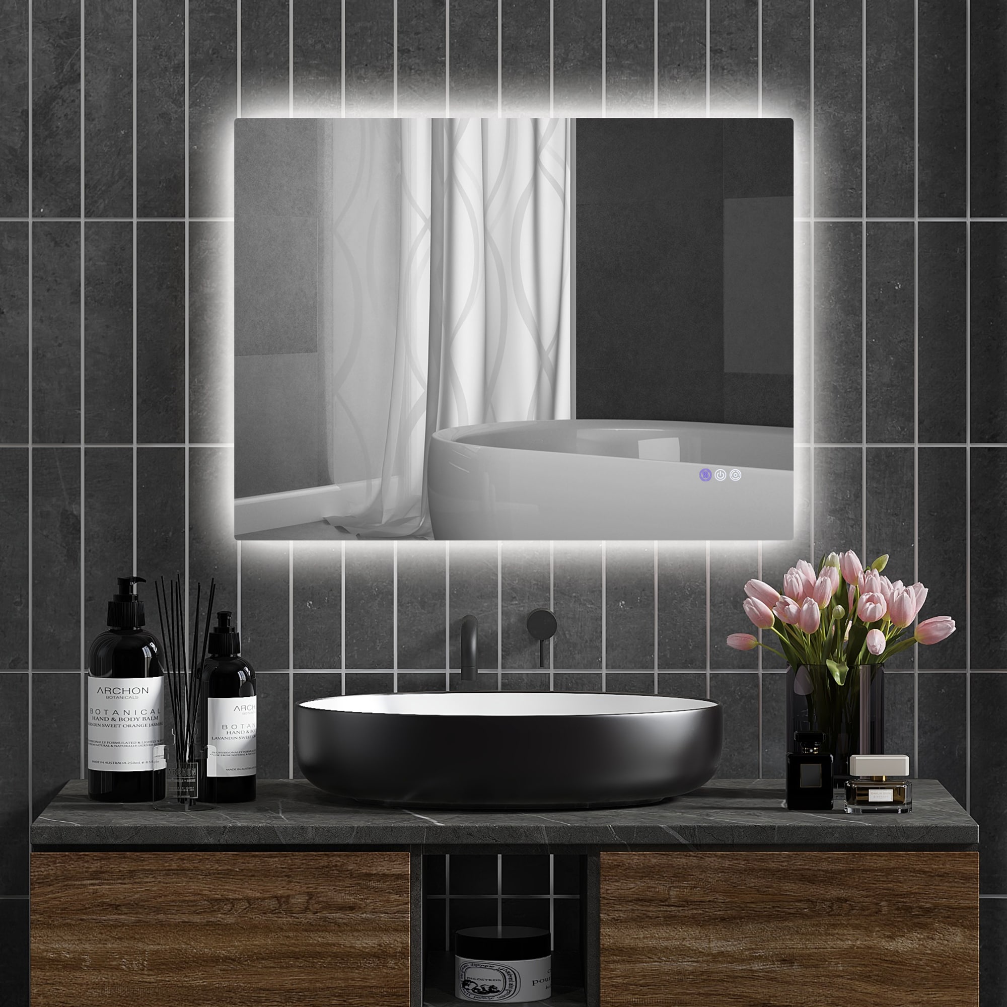 AAZJ ASB-P229672 Bathroom Mirrors 32-in x 24-in Beveled Frameless Rectangle Dimmable LED Lighted Fog Free Bathroom Vanity Mirror ( Clear )