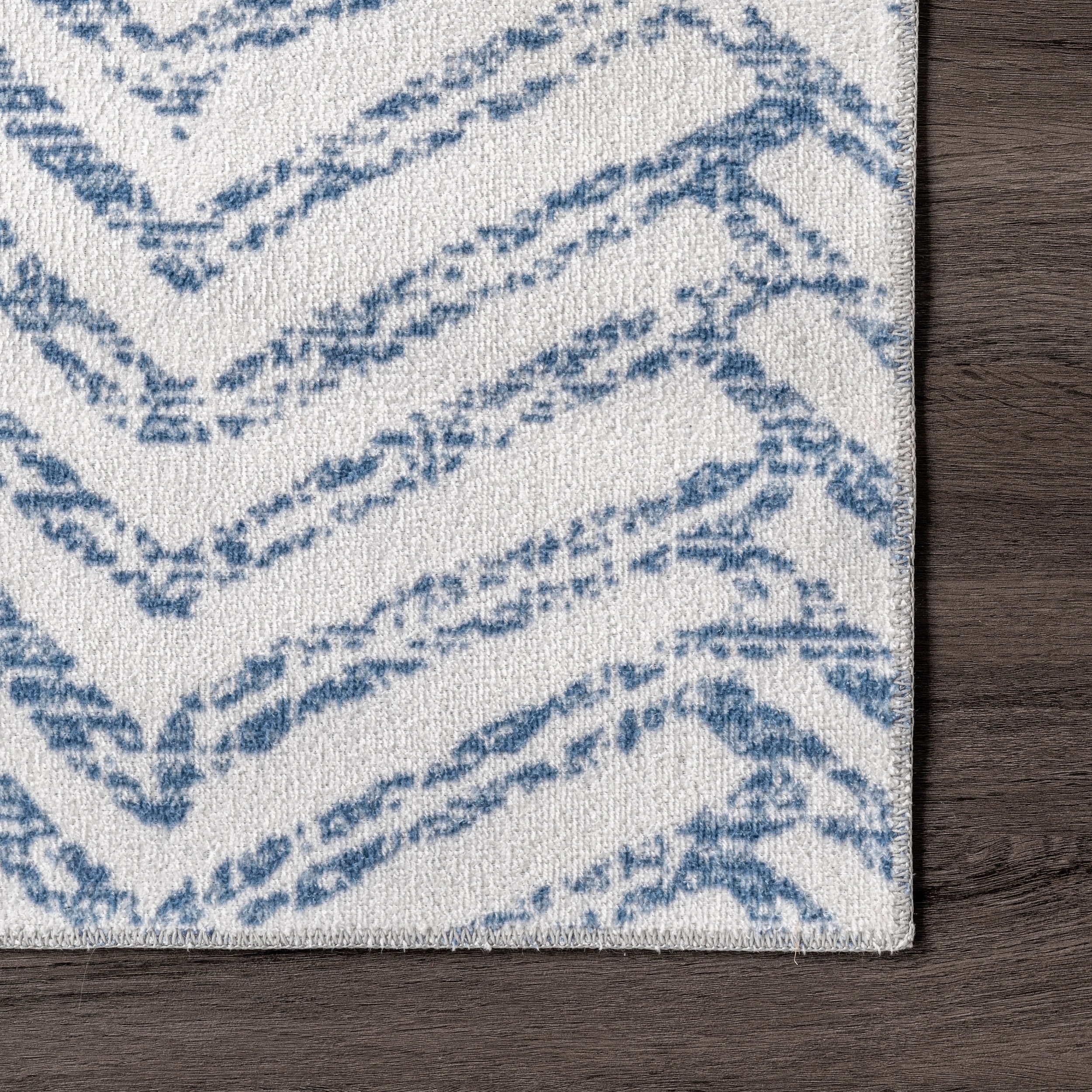 Rosanne Blue Geometric Washable Runner Rug with Non-Slip Backing