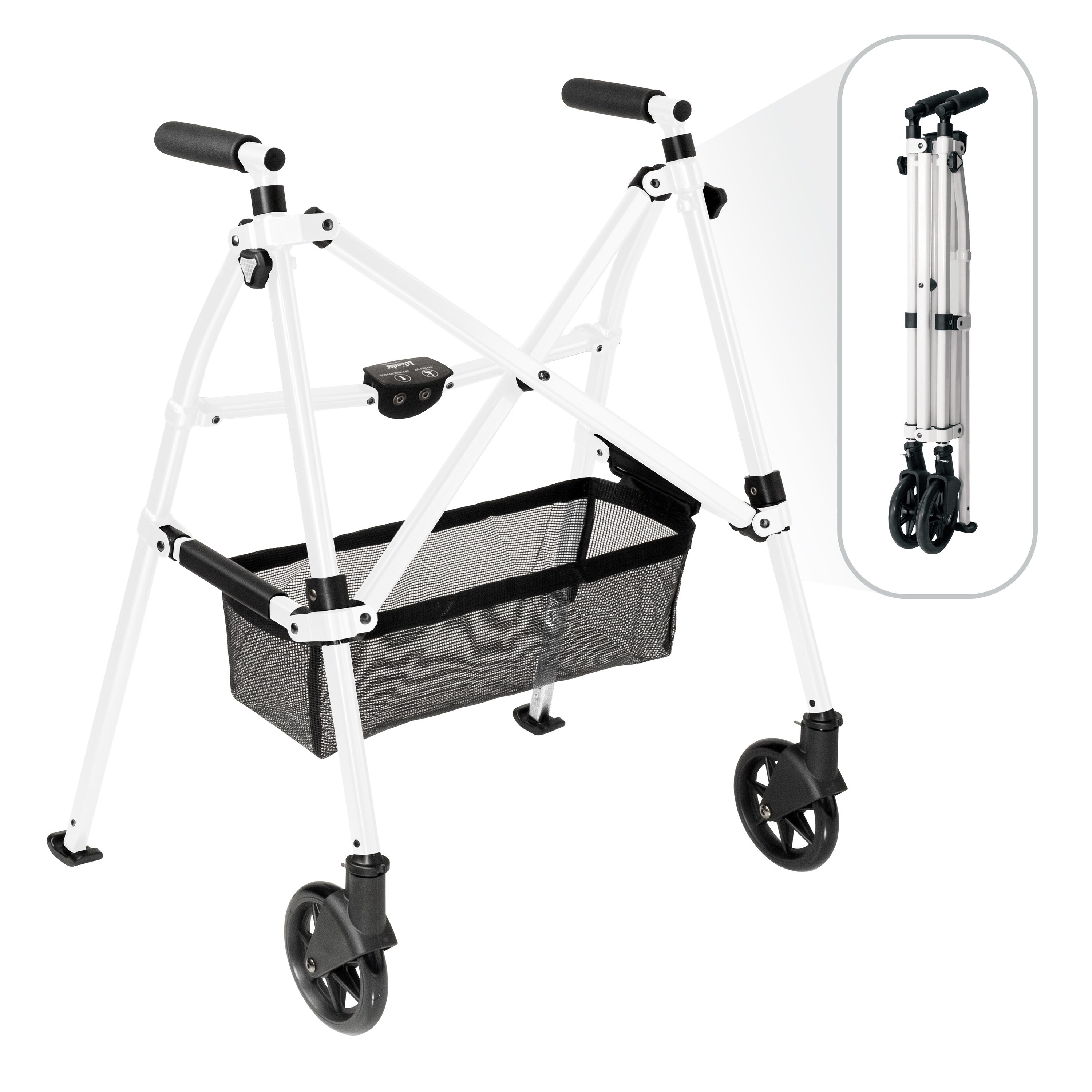 Stander Wonder Walker Plus White Short Height 28 in to 33 in Lightweight Compact Folding Walker with Locking Swivel Wheels and Basket