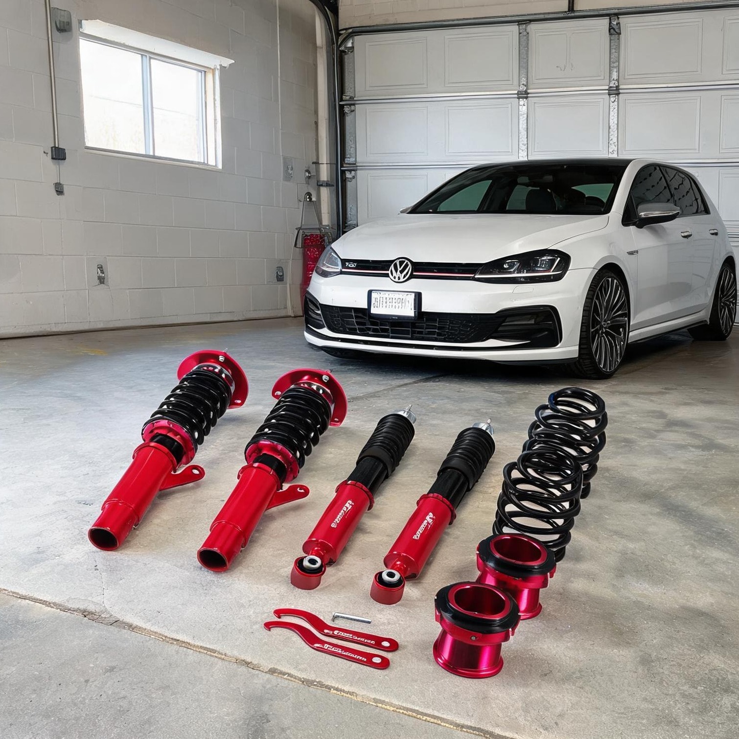 chillscreamni Coilover Kit with 24-Level Damping Adjustment and Independent Ride Height Control for VW Golf MK7 and Jetta Red Body with Black-Toned Spring