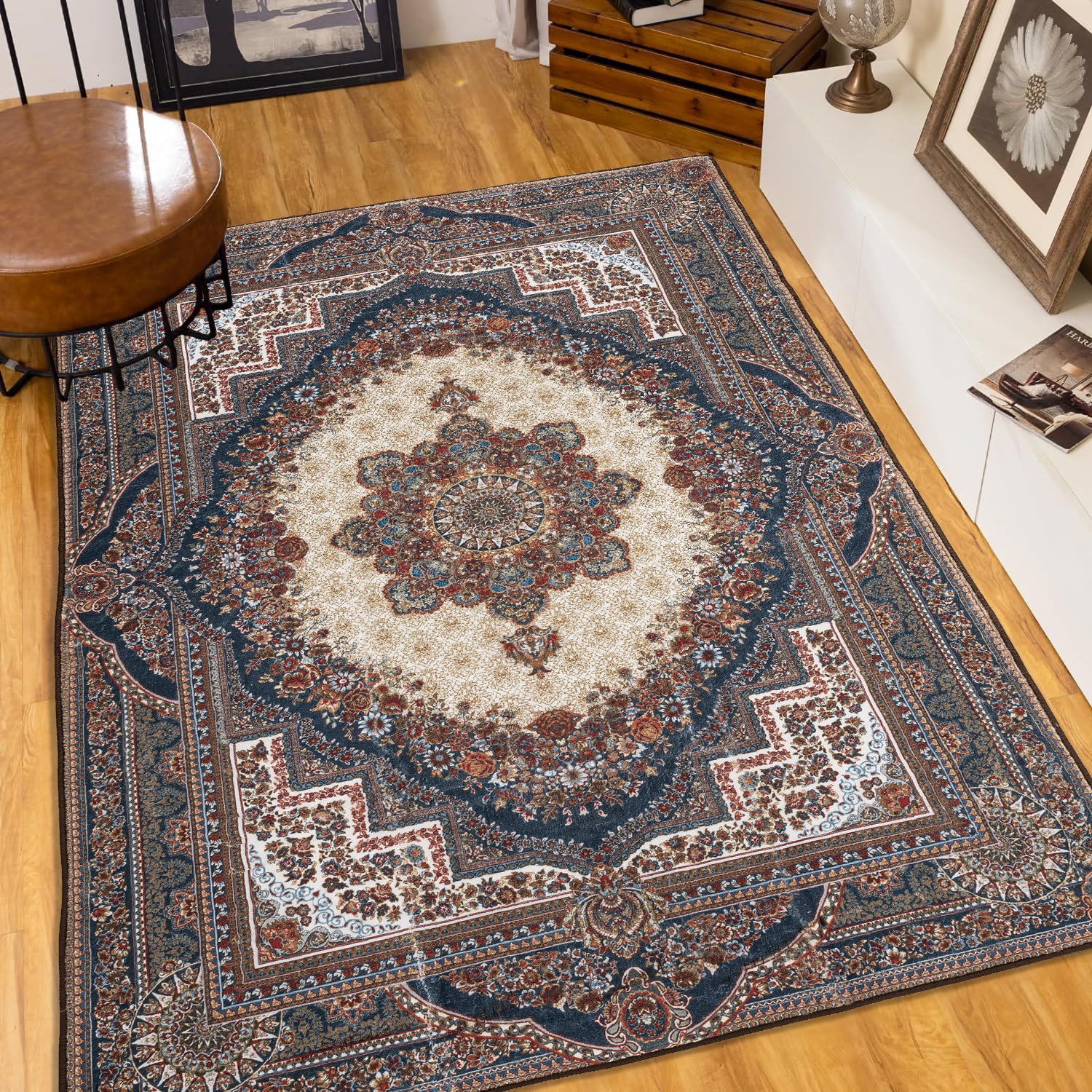 LOVMOR SF-H-B03598691 Area Rug 8x10 Vintage Bohemia Large Persian Non slip Washable Rug For Living Room Kitchen Bedroom Living Room Flower Design Reddish Brown