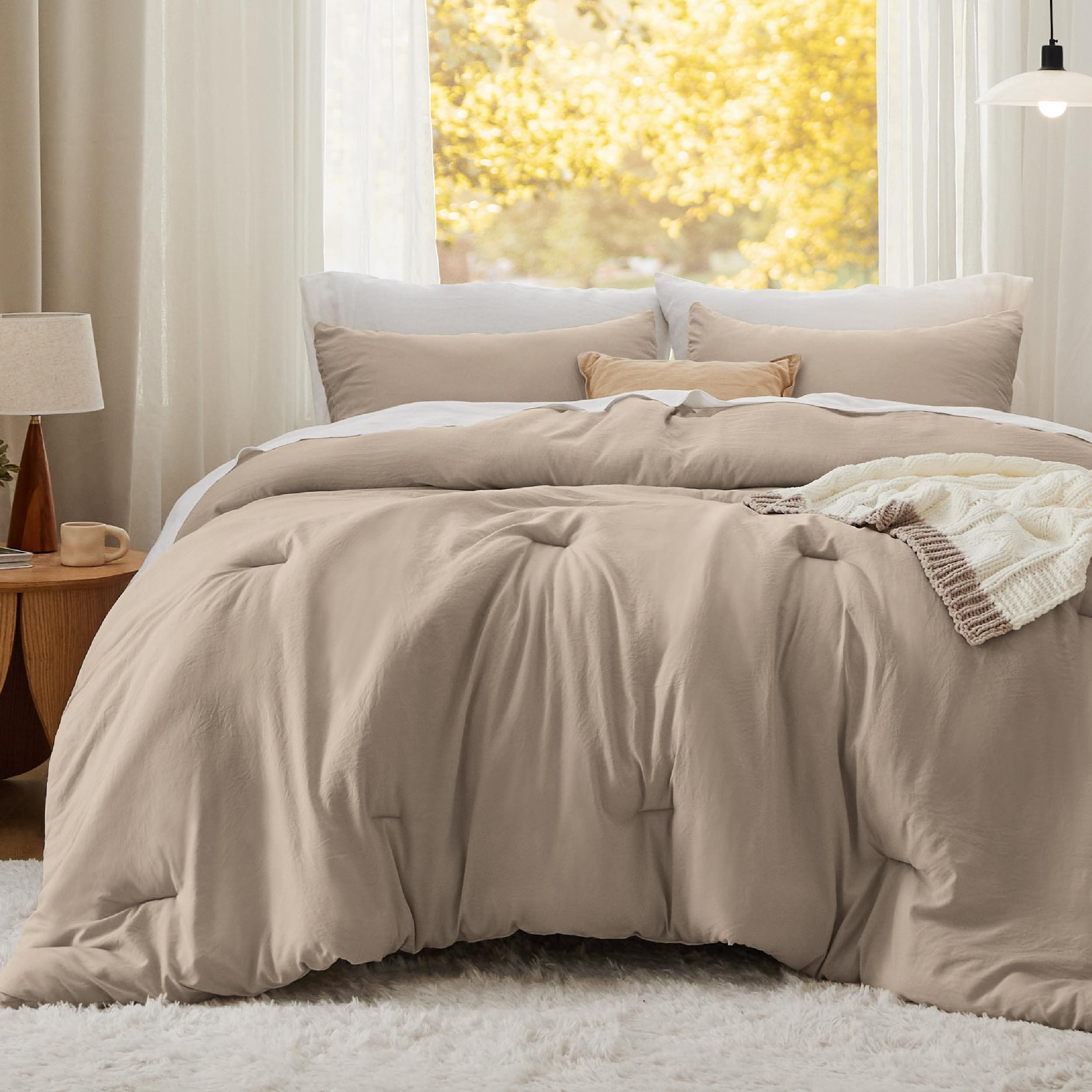 Bedsure - 90x90 Queen 3-Piece Beige Cotton Comforter Set