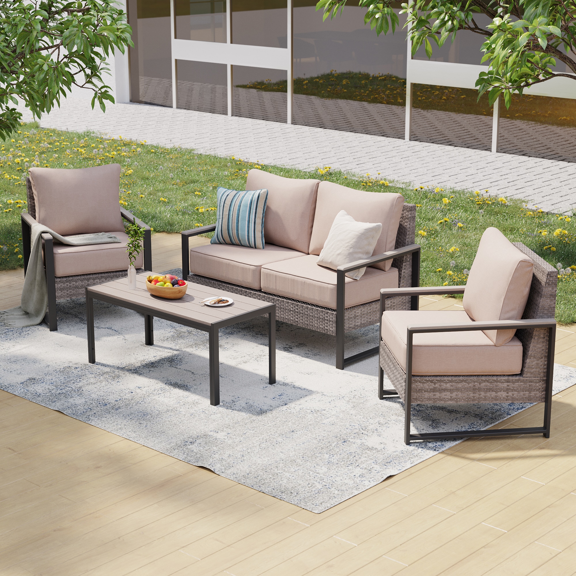 ACEGOSES LW-148-04HSD Skytop 4 -Piece Wicker Patio Conversation Set with Beige Cushions