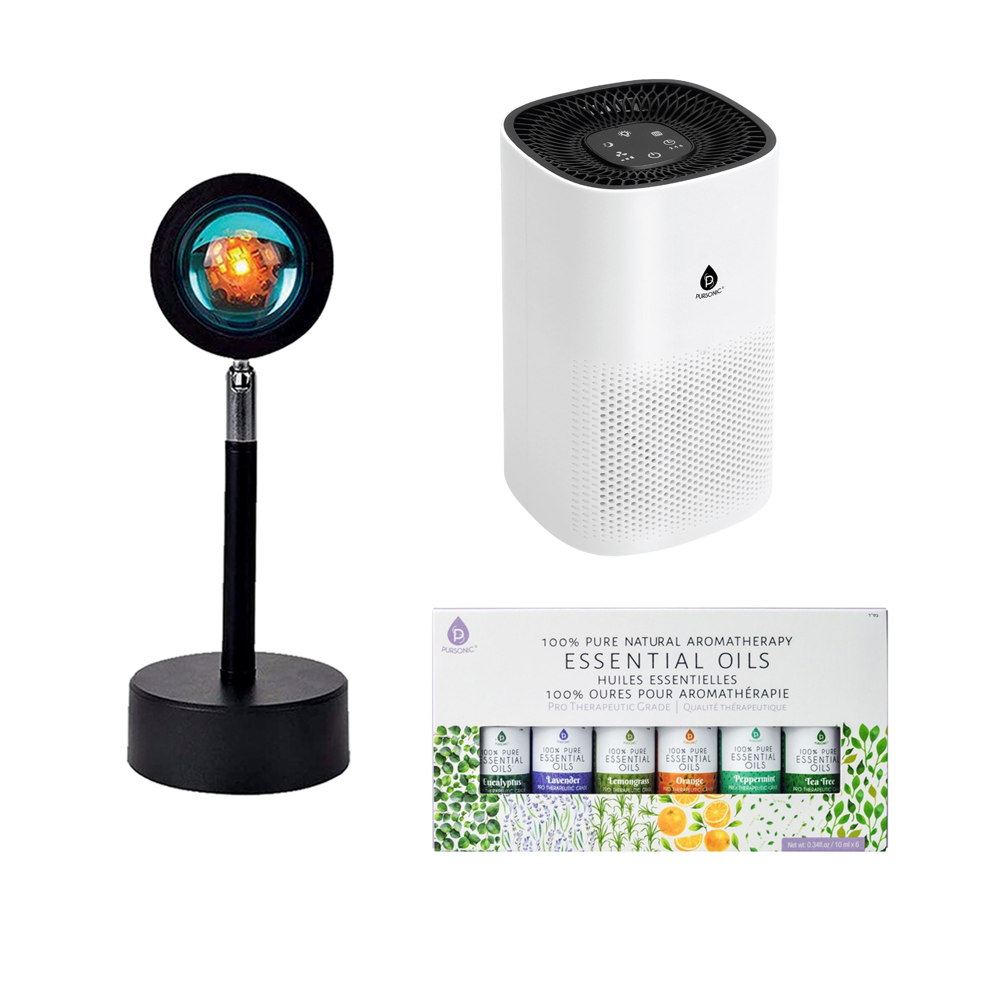 Pursonic Home Wellness Bundle True HEPA Air Purifier Sunset Projector Lamp and 6 Pack Essential Oils #AP272-PL500-AO6