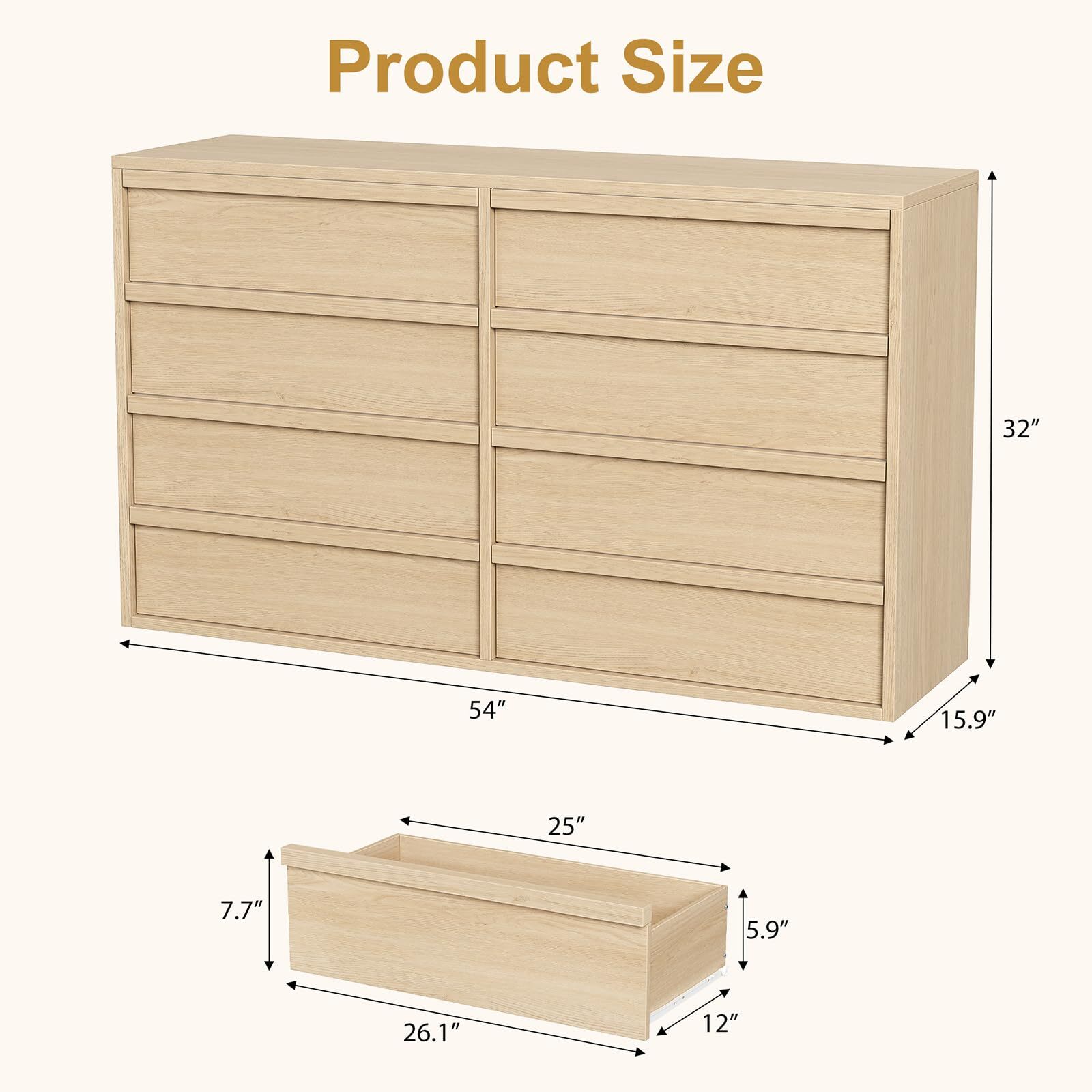 Qeetex 8 Drawer Dresser for Bedroom Modern Wooden Double Dresser Organizer with Large Storage for Living Room Nursery or Hallway Wood Color in Yellow