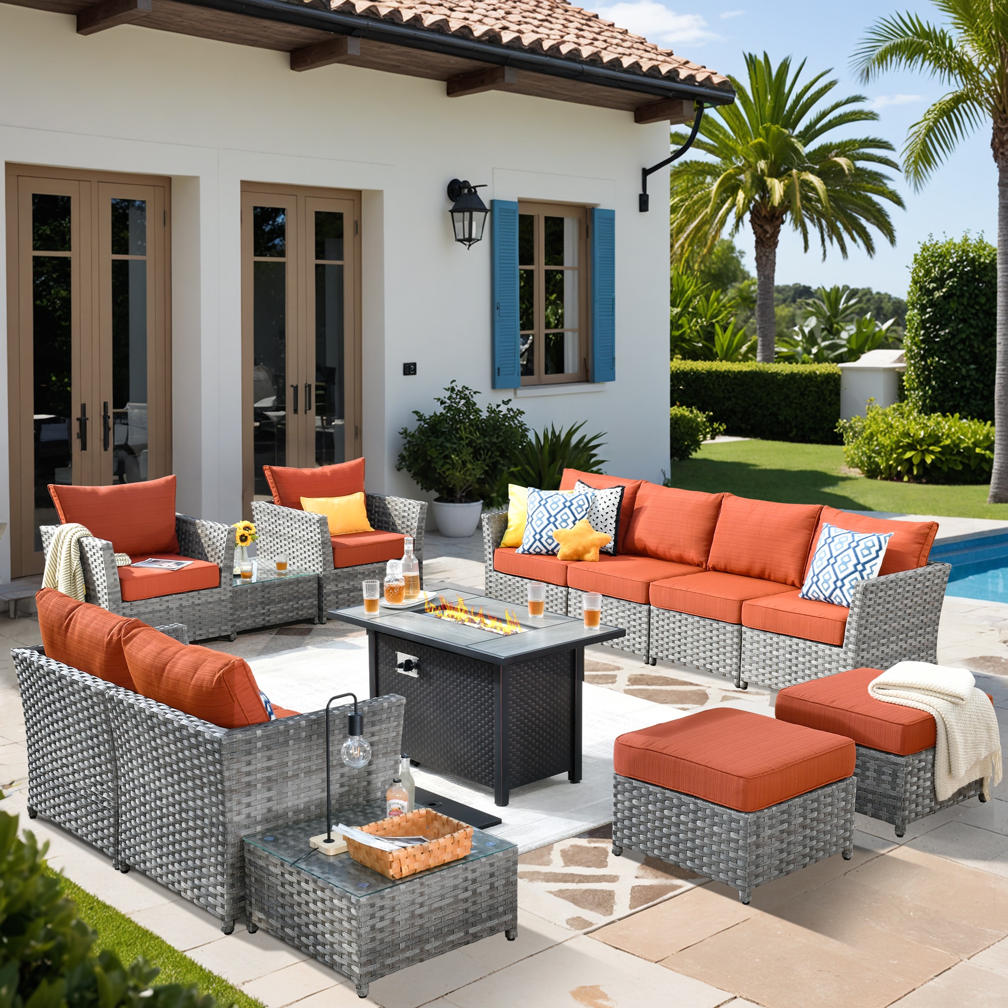 Pouuin SCFPBRS8012 Wicker Outdoor Sectional with Orange Cushions and Wicker Frame
