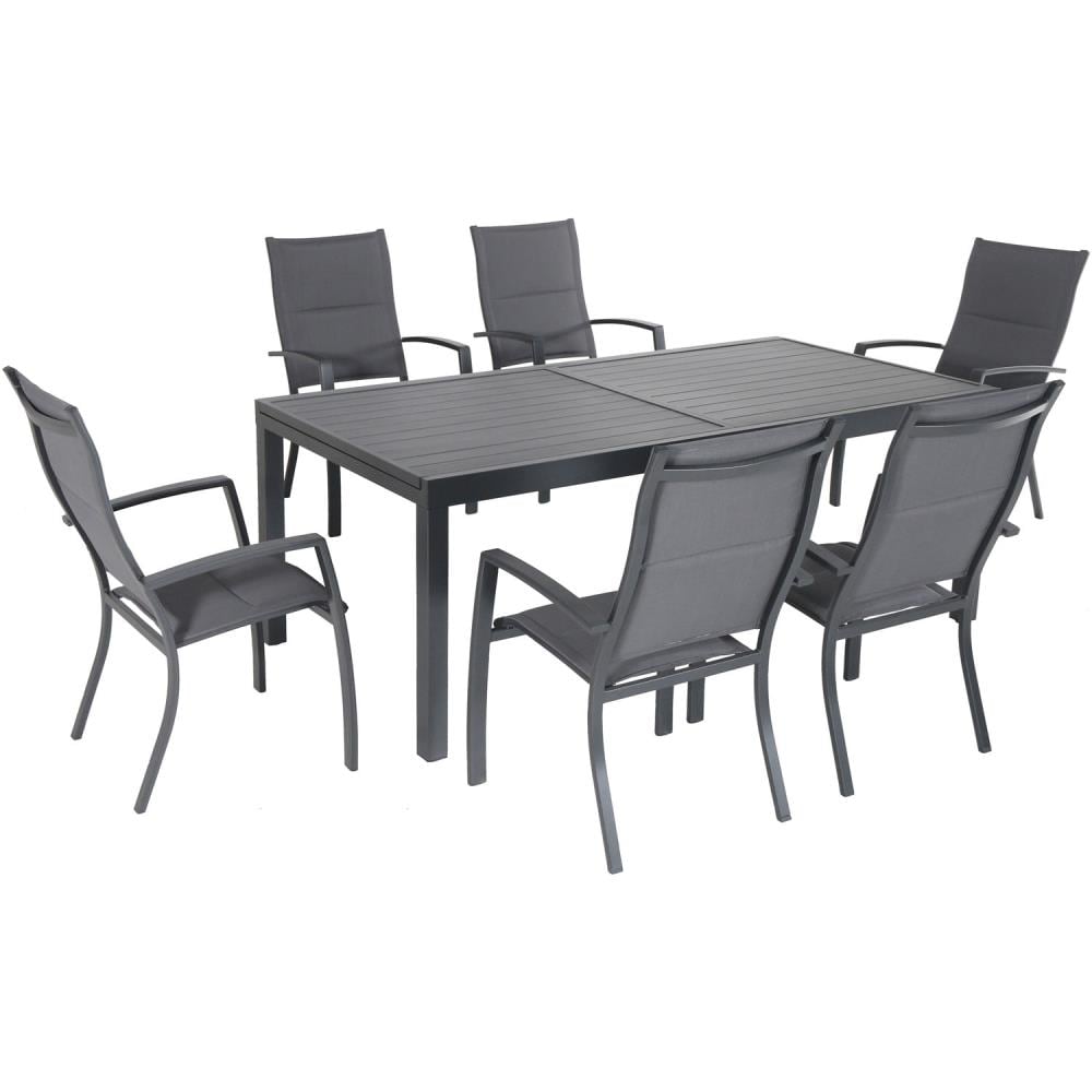 Hanover NAPDN7PCHB-GRY Naples 7 -Piece Gray Patio Dining Set Extendable Table Aluminum Rectangle Table with 6 Stackable Stationary Chairs