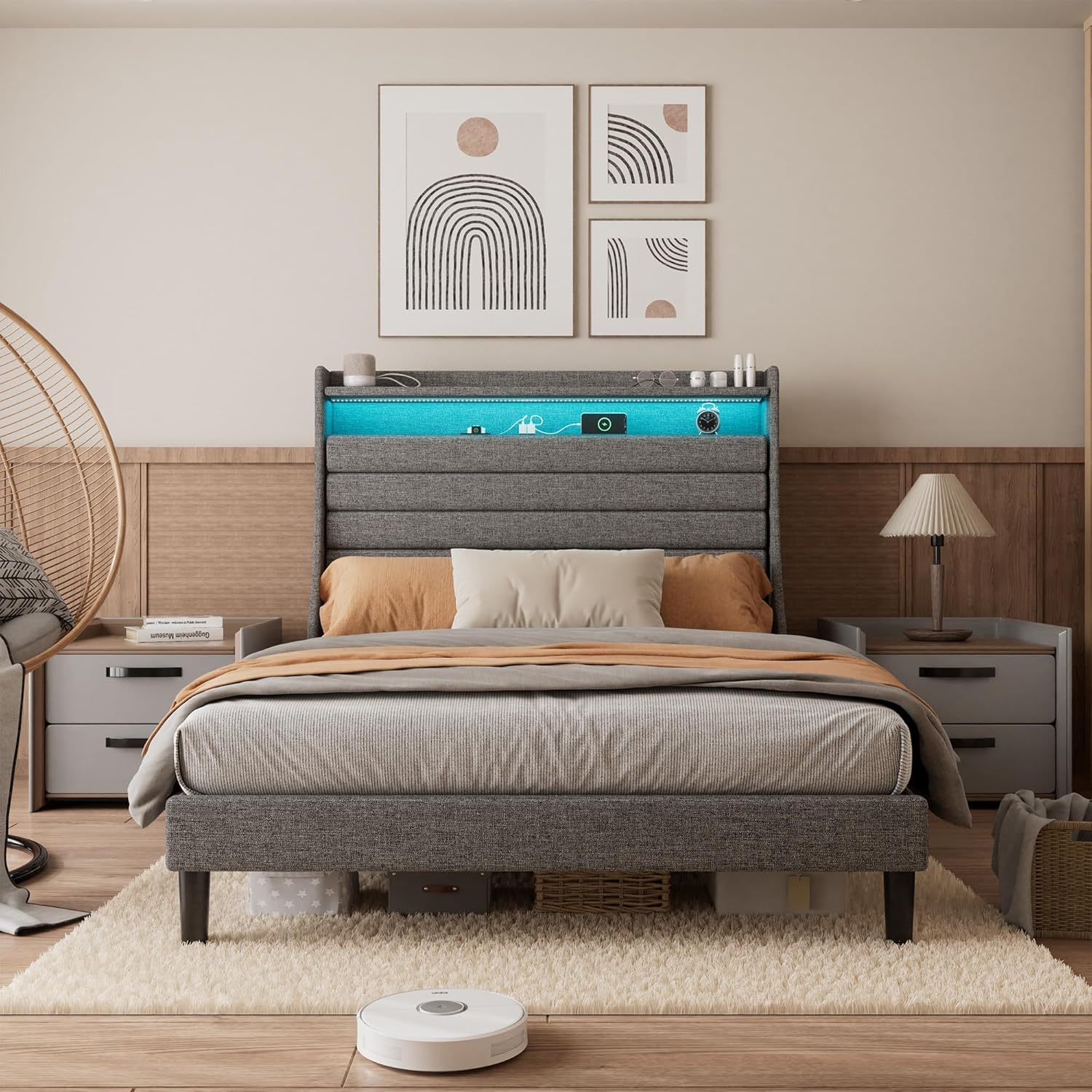 Qeetex PD-PHO-3449P98V Queen Upholstered Bed Frame With Headboard-Storage Platform-2 Drawers-Footboard-Steel Slat Support-No Box Spring Needed