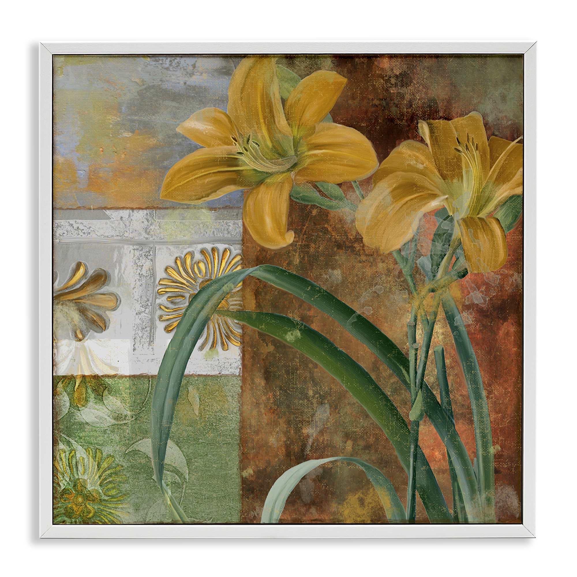 Stupell Industries BT-003-WFR-12X12 Yellow Lilies on Vintage Tile White Framed Giclee Art By Sasha 12 x 12