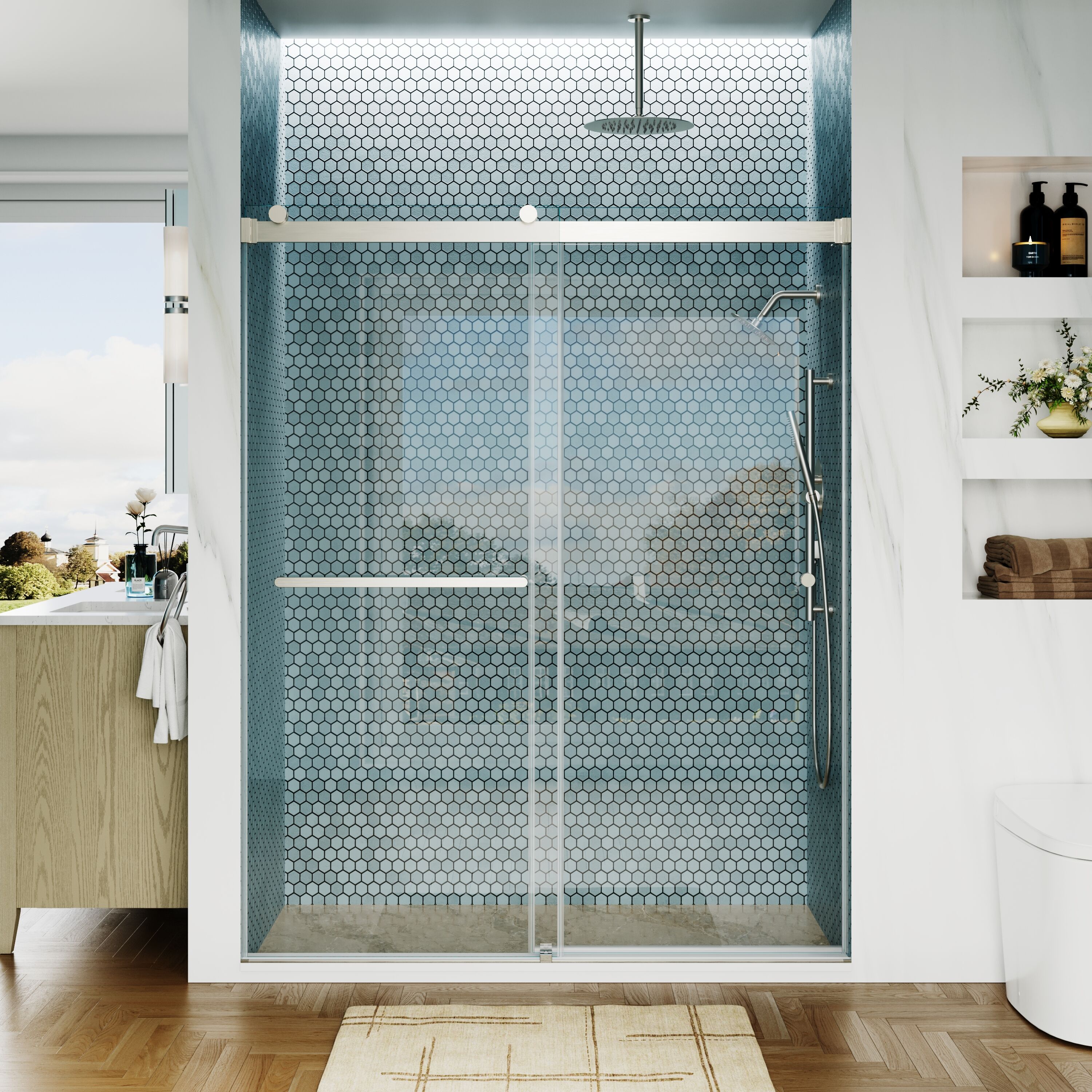 Forclover Double Sliding Shower Door Brushed Nickel 56-in to 60-in W x 74-in H Frameless Clear Glass Bypass Sliding Shower door