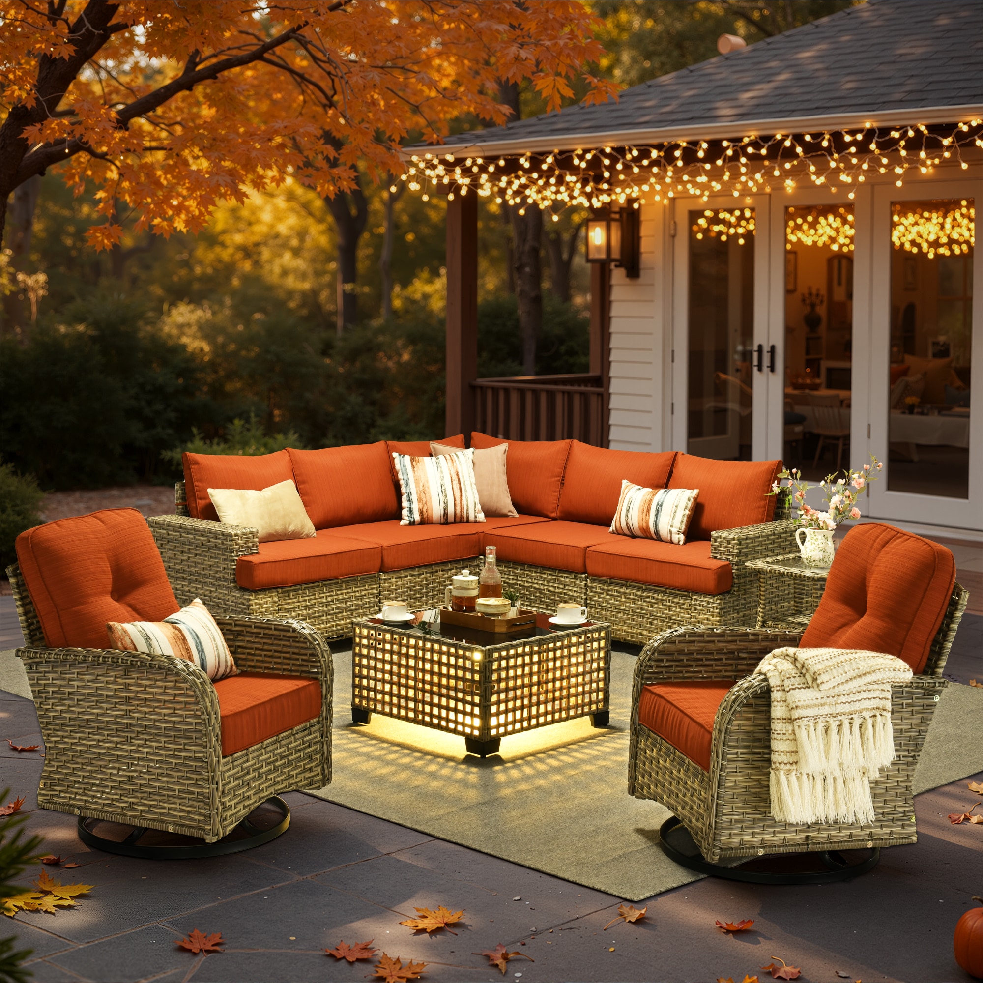 XIZZI XITBS807C3-VNCRC Agate Rattan Outdoor Sectional with Orange Cushions and Steel Frame