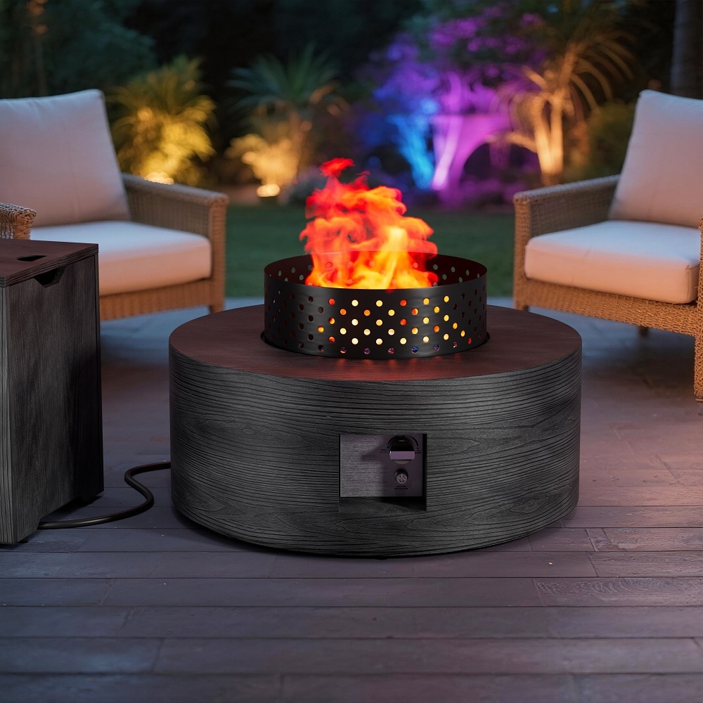 Evita 30-in Round Propane Fire Pit Table Gas Firepit Table Outside Patio Deck Garden Backyard Wood Grain-Gray 50000 BTU With Metal Spark Screen