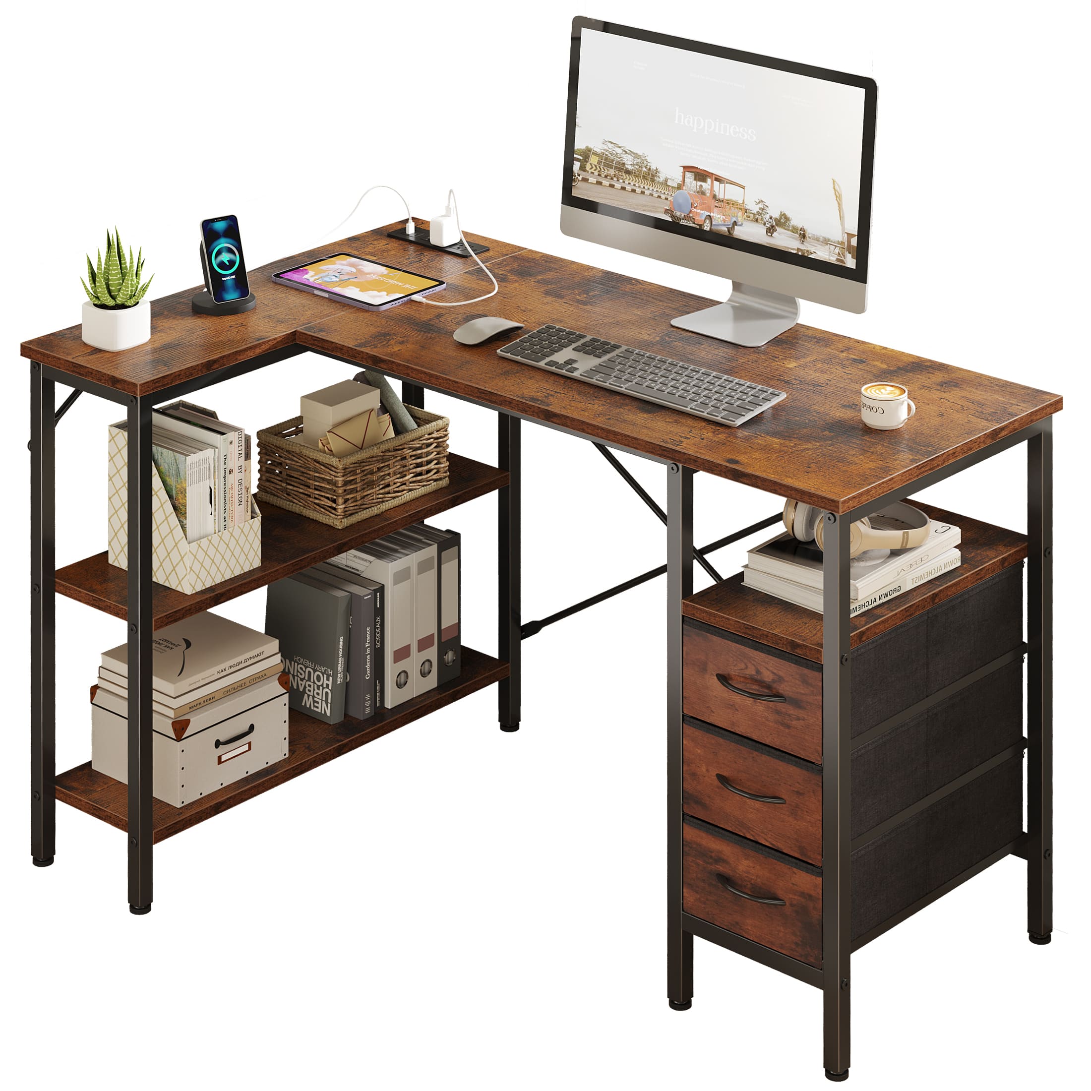 Sweetcrispy - 47-in L-Shaped Computer Gaming Desk Writing Desk with 3 Drawers 2 Shelves and Power...
