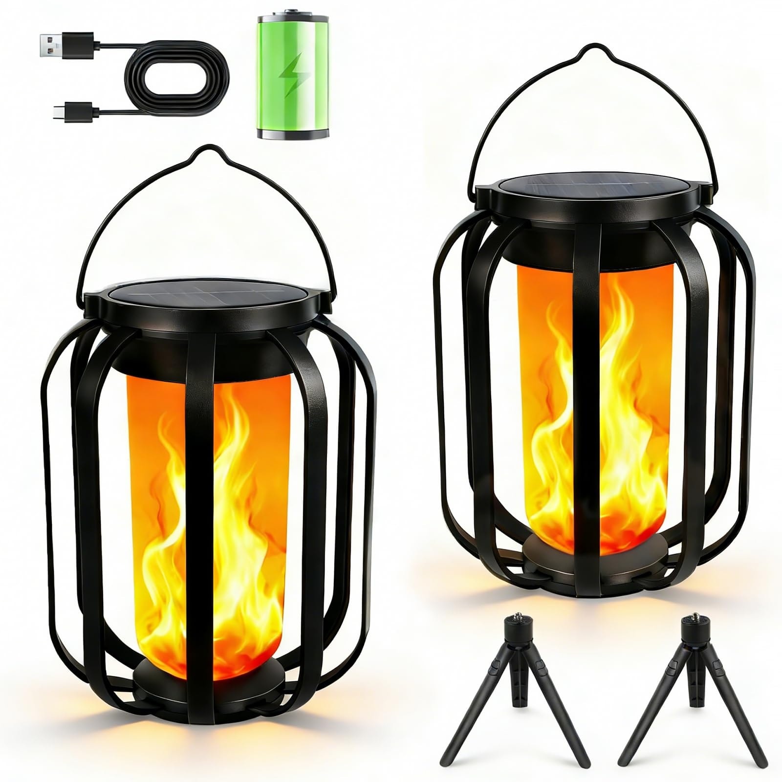 Adrinfly Solar Lanterns Outdoor Lights 2 pack Flickering Flame with Four Modes Dual Charging USB Solar Waterproof Hanging for Garden Patio Yard #LAD0605D105