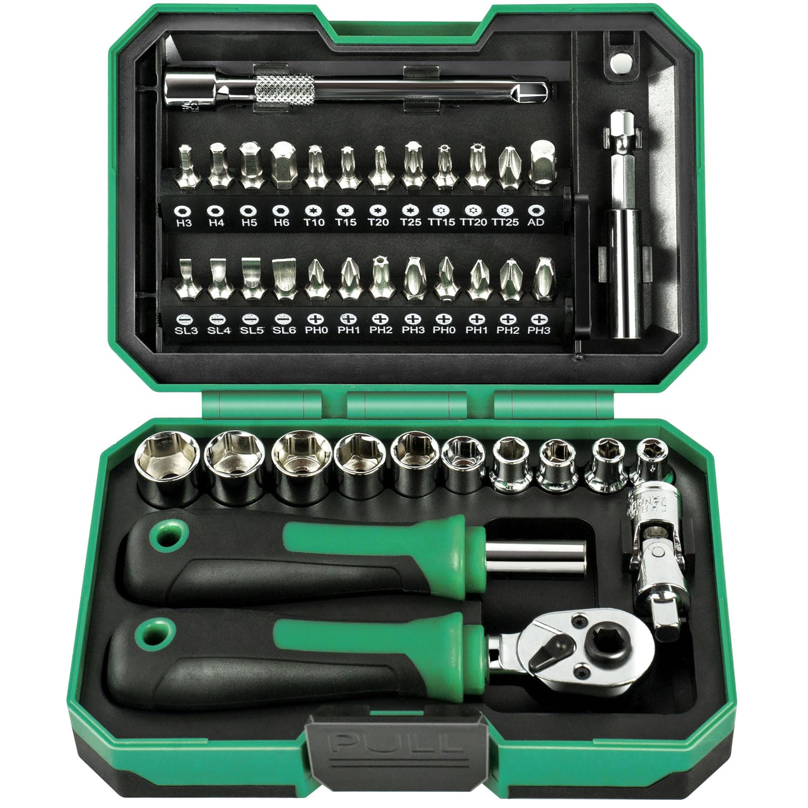 Misopily  39pcs Ratcheting Wrench Set Metric Shallow Mini Socket Set with Magnetic Ratchet Hex Torx Phillips Slotted Bits Universal Joints