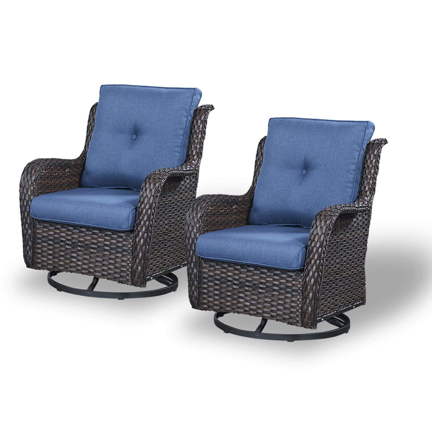 Curved Handrail Blue Cushioned Brown Wicker Swivel Glider Chair Set