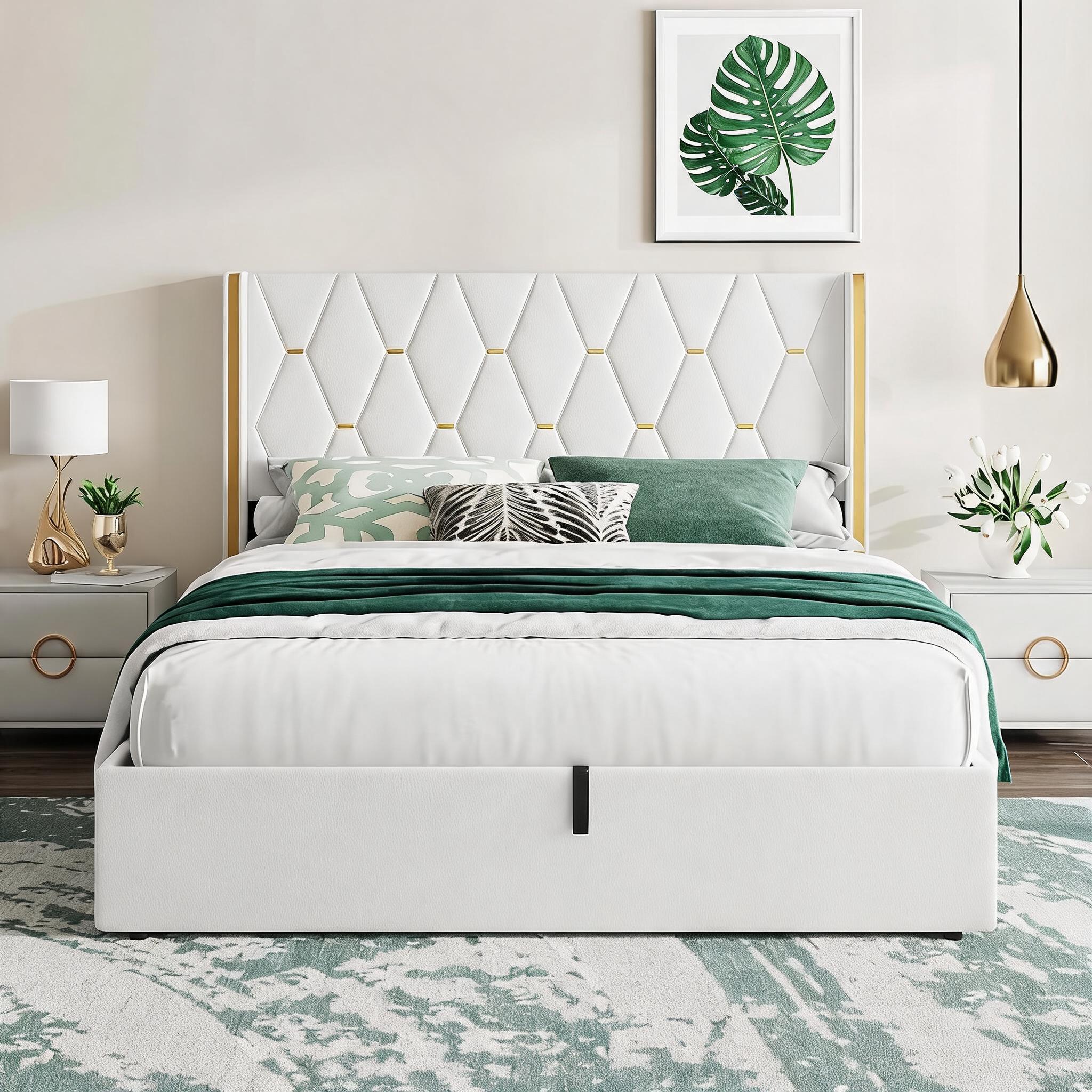 IdealHouse Full Size Velvet Upholstered Lift Up Storage Bed Frame White ...