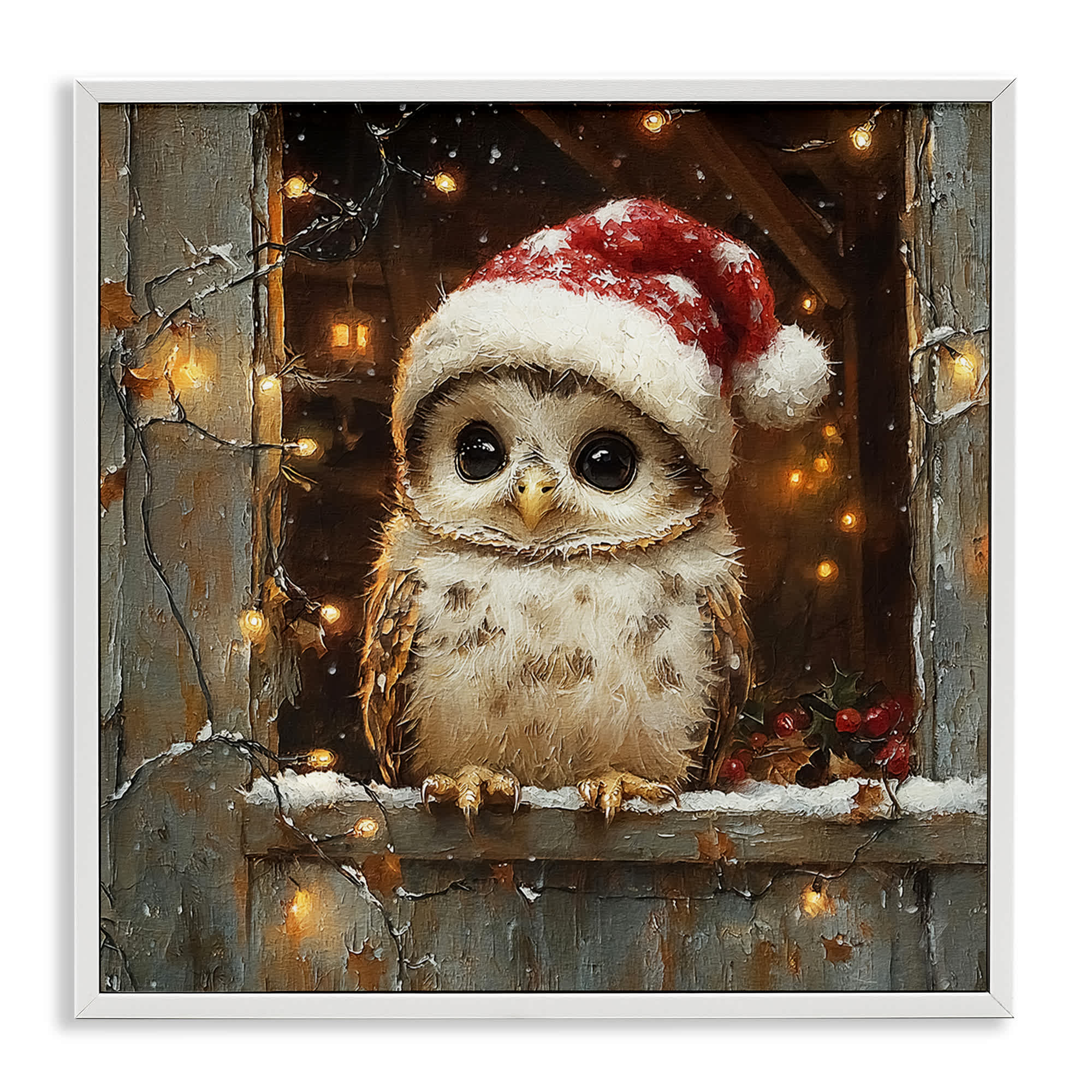 Stupell Industries BT-932-WFR-24X24 Festive Owl with Holiday Lights White Framed Giclee Art By Riley B 24 x 24