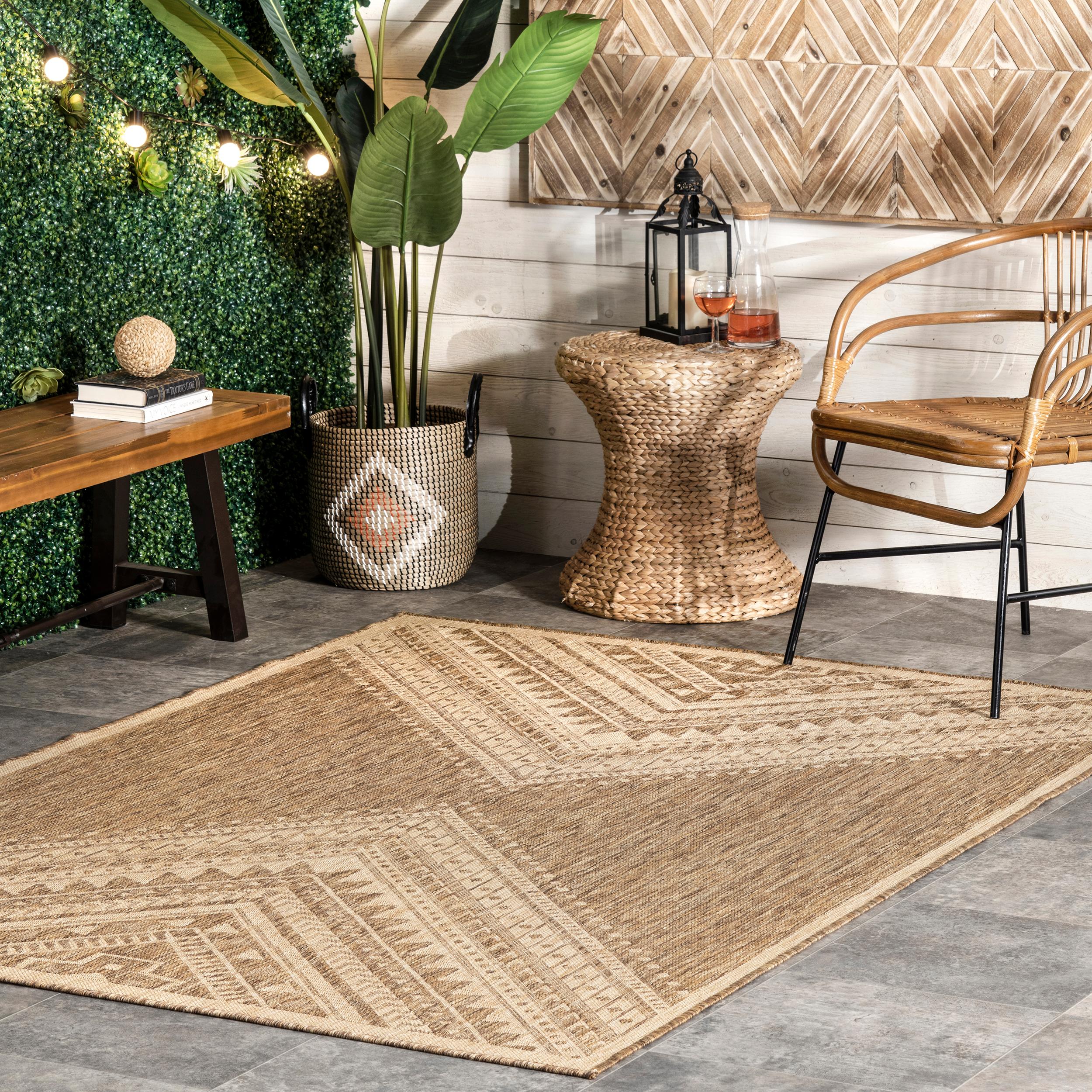 Beige Aztec Pattern Indoor Outdoor Runner Rug