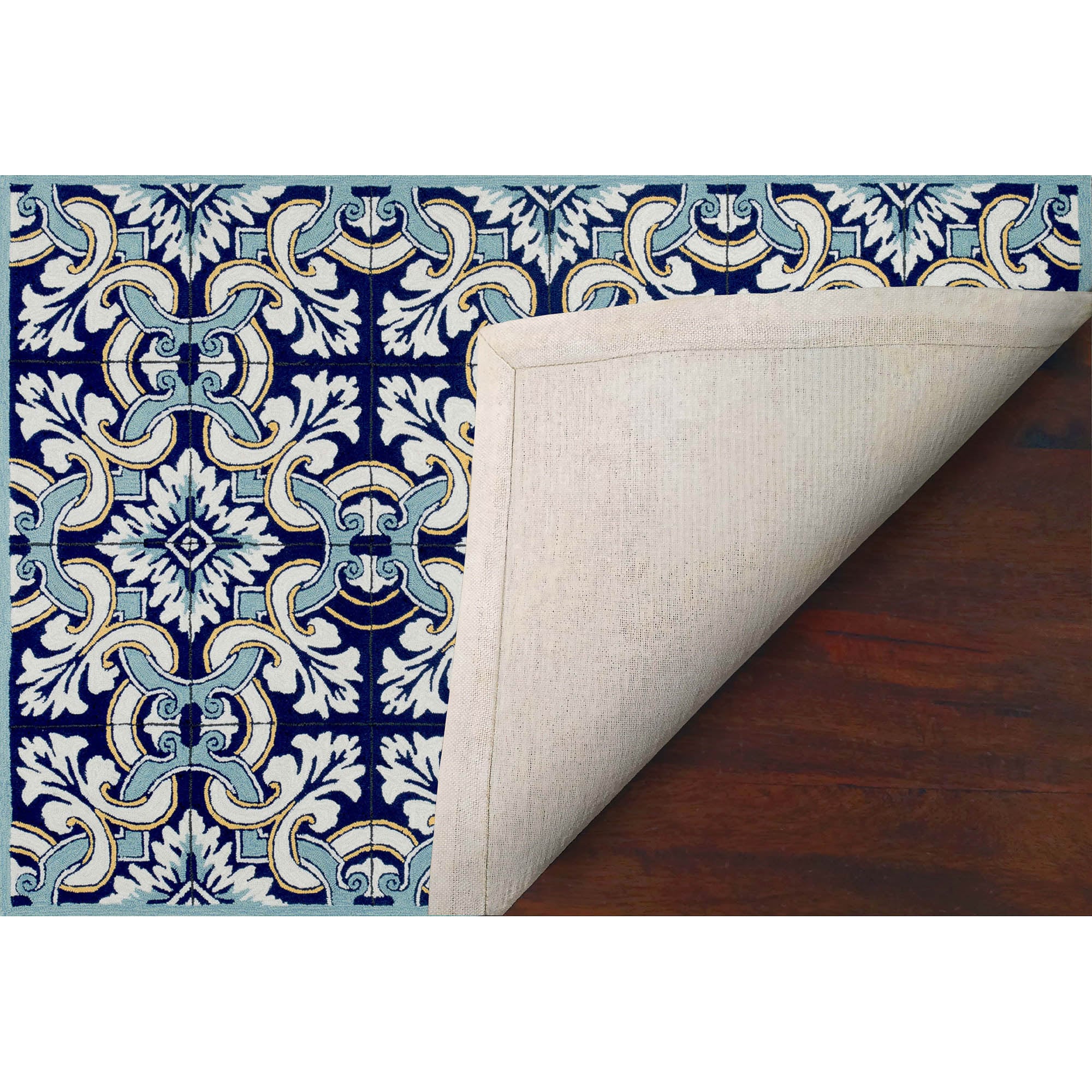 Blue Floral Tufted Rectangular Indoor/Outdoor Rug