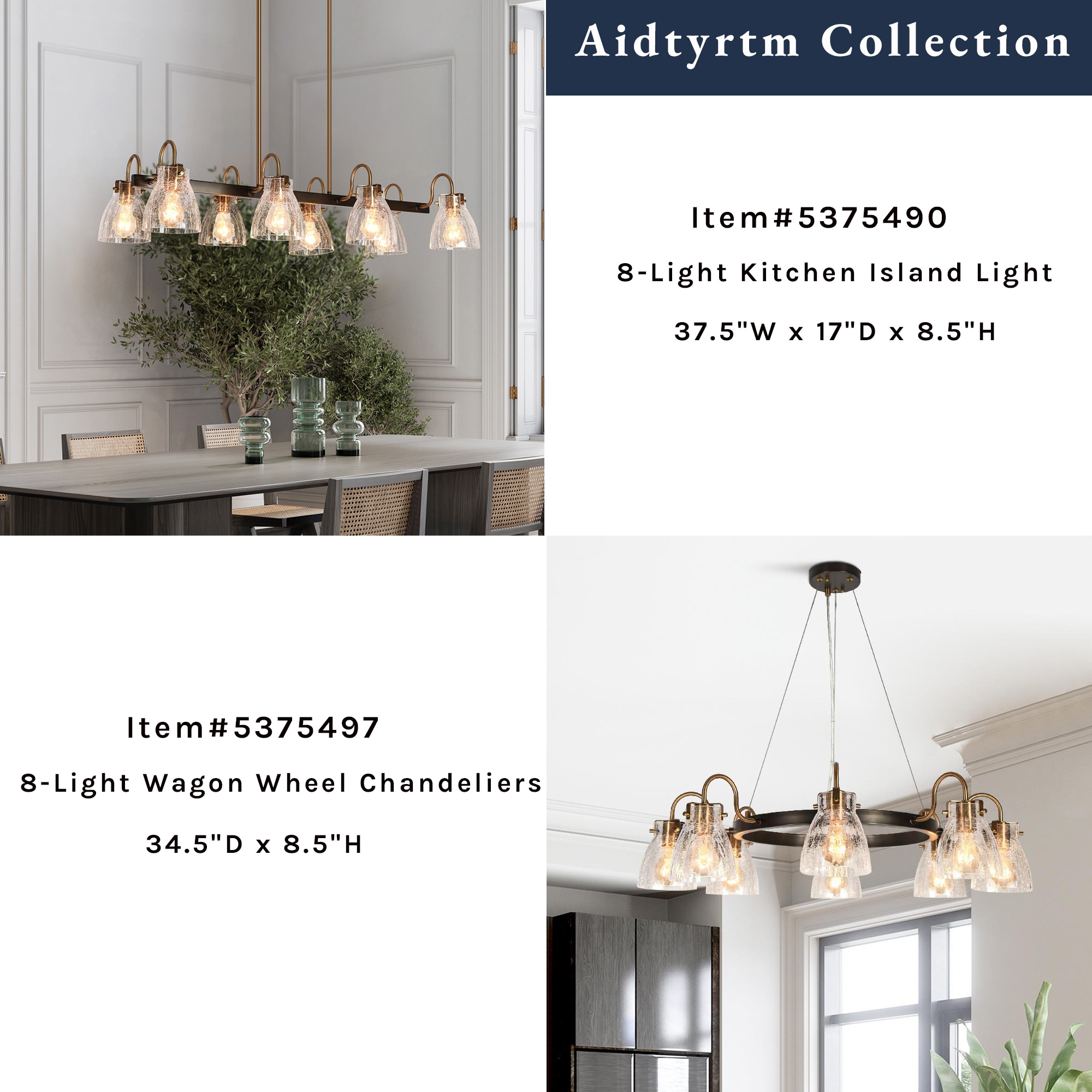 Dawn Industrial 8-Light Matte Black and Brass Kitchen Island Chandelier