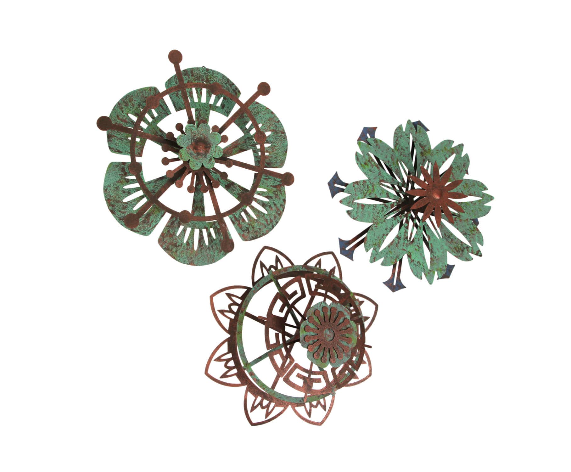 Transpac TP-A5239-SET Set of 3 Metal Flower Wall Art Copper Verdigris Hanging Decor Floral Sculpture