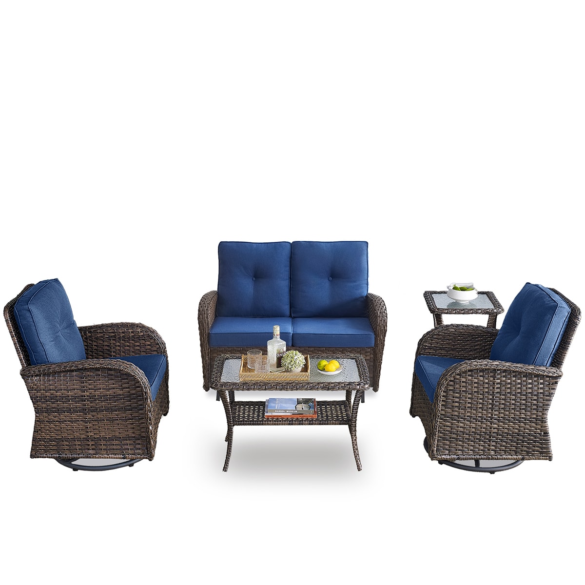 Rilyson FS088085-1 KEY WEST 5 -Piece Woven Patio Conversation Set with Blue Cushions