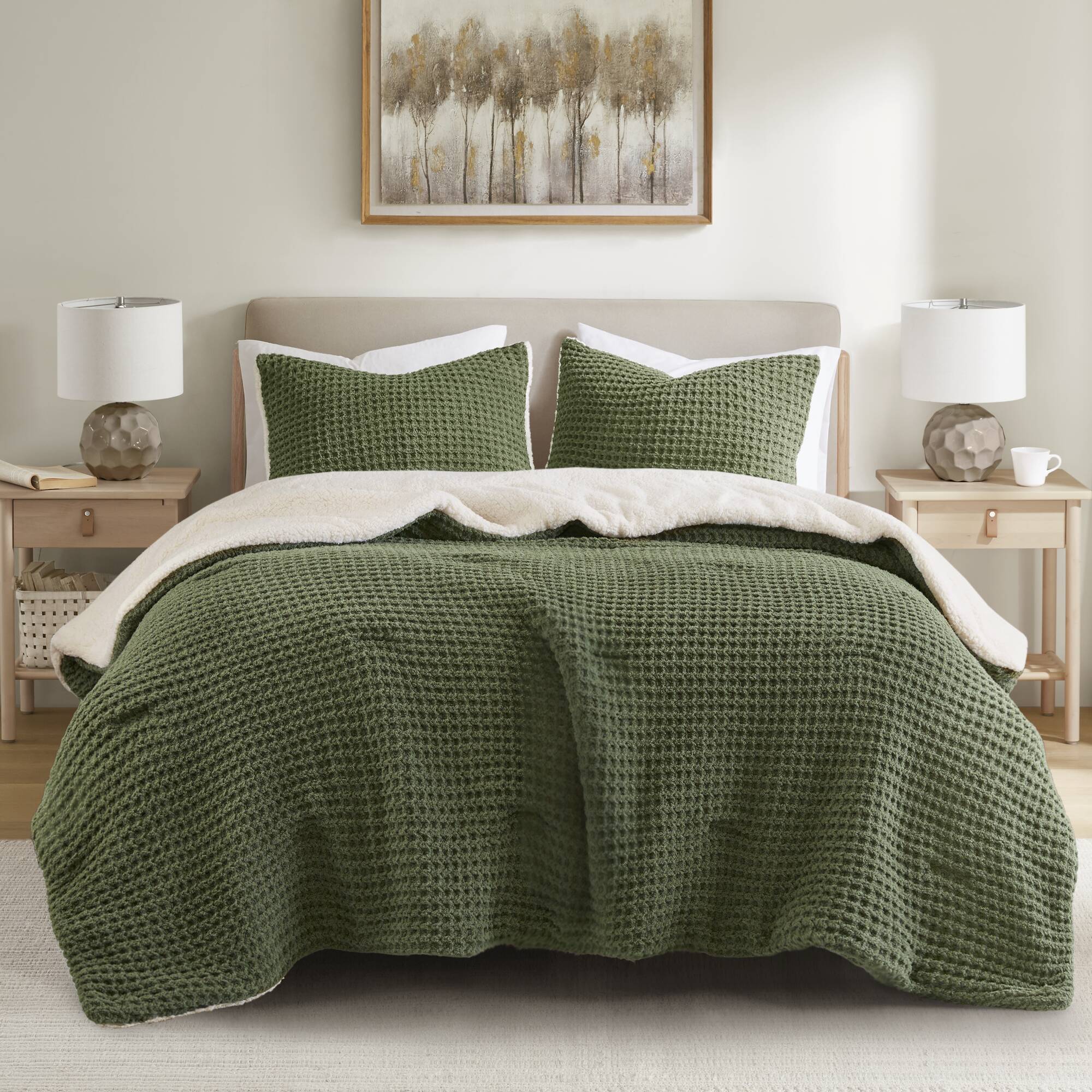Tinyhomie 3 Pieces King/Cal King Waffle Knit Chenille Comforter Set Olive