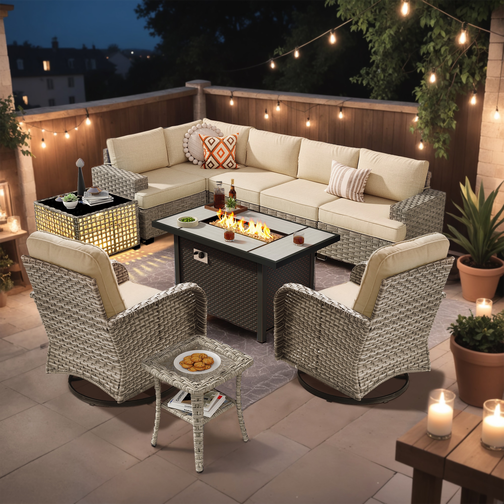 Ovios RFPTS609YV 10 -Piece Rattan Patio Conversation Set with Beige Cushions