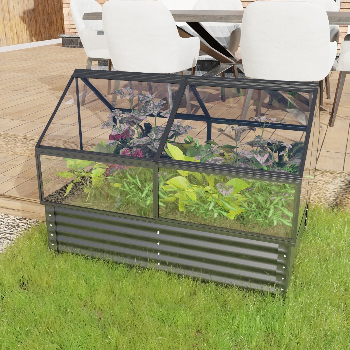 KEOKLE Large Greenhouse with Raised Flower Bed Black Galvanized Steel ...