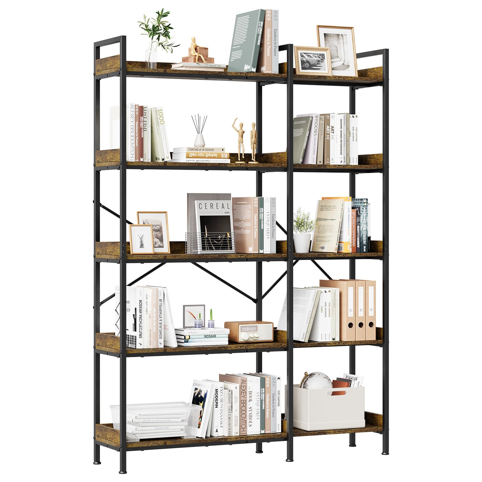 Garvee - 5 Tier Corner Bookshelf with 4 Hooks Industrial Wooden Bookcase with Open Storage Shelve...