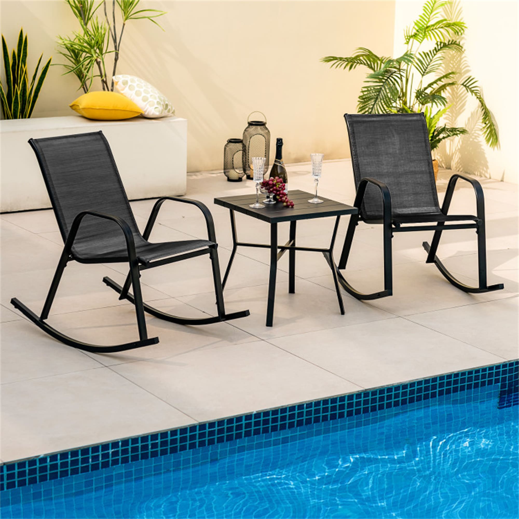 BABOOM BOM-P11080B-CO Patio Rocking Chair Set of 2 Black Metal Frame Rocking Chair with Black Fabric Sling Seat