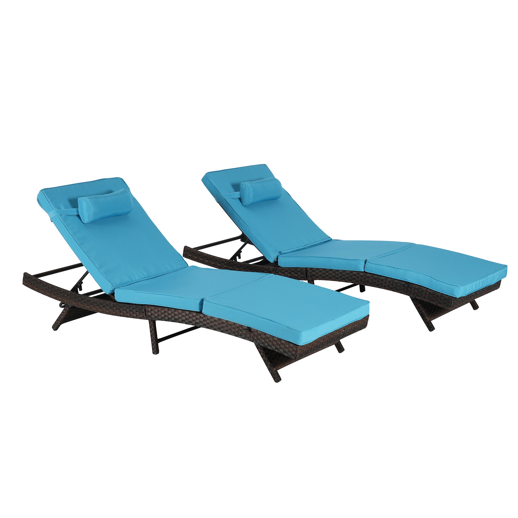 SINOFURN SYB670037BL Set of 2 Wicker Brown Wicker Frame Stationary Recliner Chair with Blue Cushioned Seat
