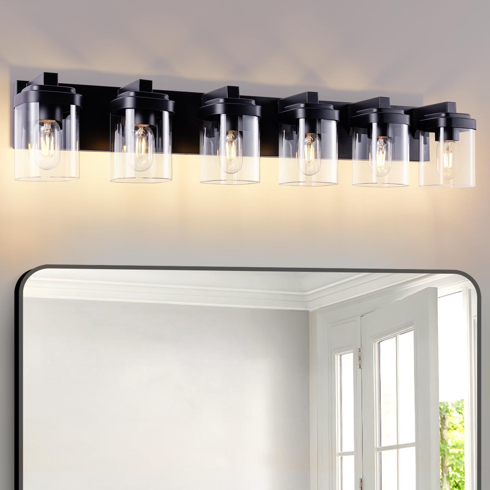 Bayfeve Matte Black 6 Light Bathroom Vanity Light with Clear Glass Shade (Bulbs Not Included)