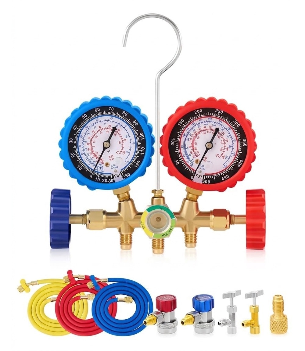 Misopily  AC Gauge Set Kit 3 Way Gauge 2.6 Inch Hybrid Antishock Gauges 5FT Color Coded Hoses Adjustable Couplers Adapter For R134a R12 R22 R502 Refrigerant Car HVAC