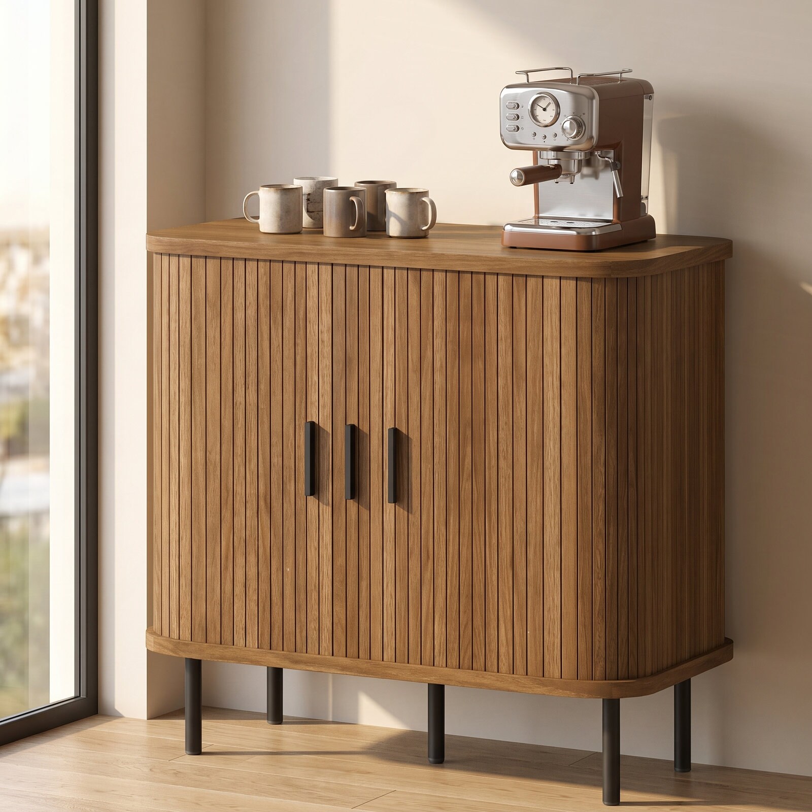 SunJet Nordic Sideboard Buffet Cabinet with Sliding Tambour Doors Storage Compartments and Metal Legs Walnut