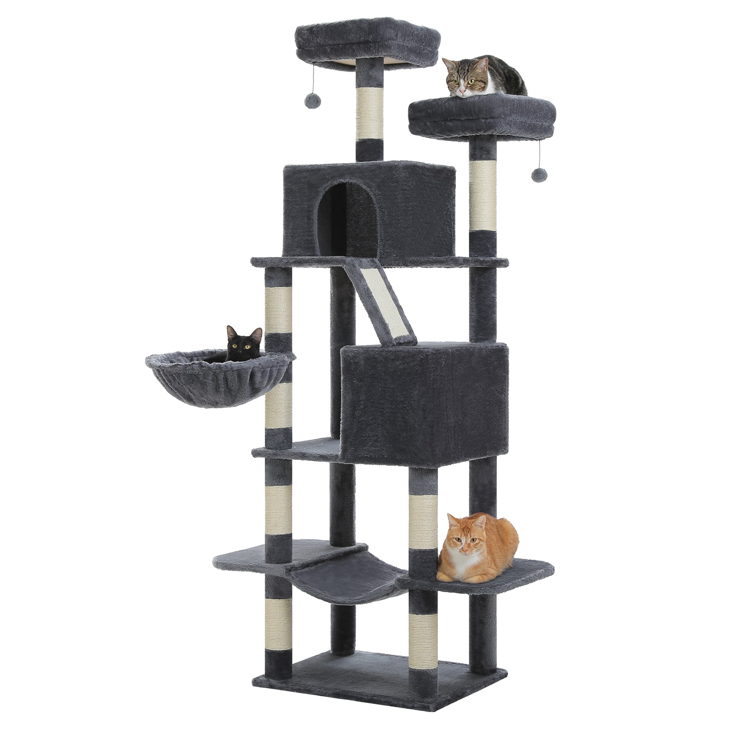 Cenadinz 70.8 Inch Cat Tree with 8 Sisal Posts 2 Hammocks 2 Condos Large Perch and 3 Pom Pom Toys Dark Gray
