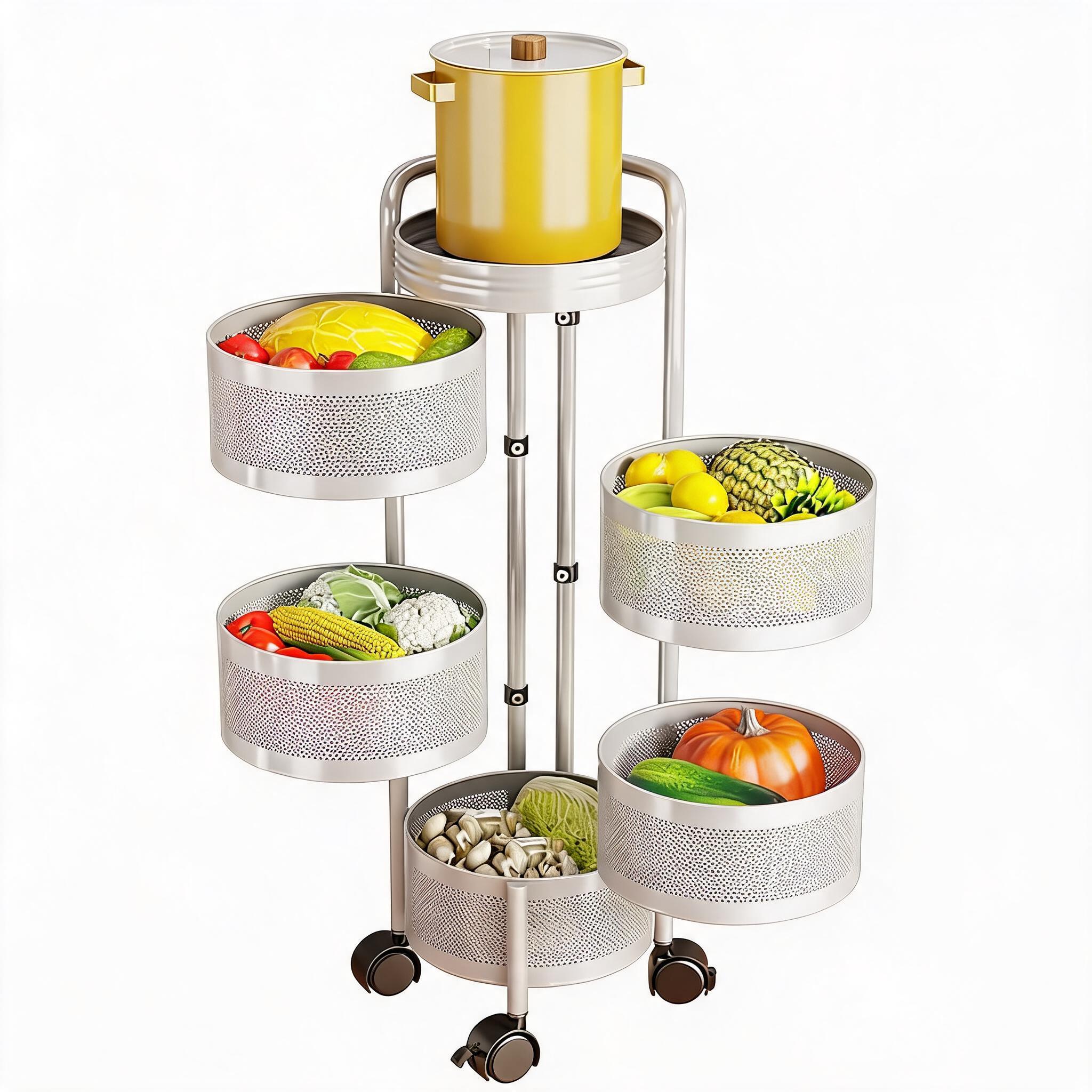 Garvee 5-Tier Thickened Carbon Steel Rotating Kitchen Storage Cart with Wheels Mobile Utility Rack with Top Lid Fruit Vegetable Basket Organizer for Bathroom Home White