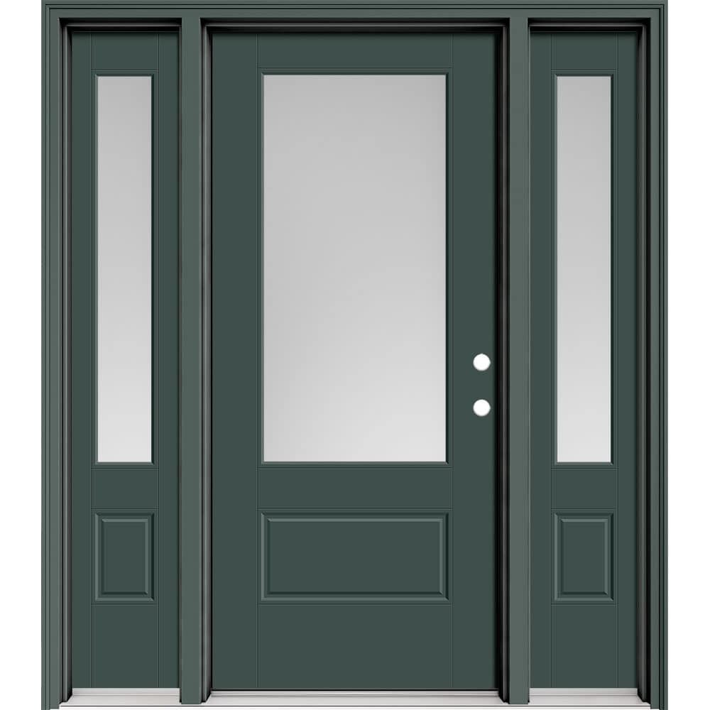 Masonite 630299 Performance Door System 64-in x 80-in x 4-9/16-in Fiberglass 3/4 lite Left-hand inswing Evergreen Painted Prehung Front Door with Sidelights with Brickmould Insulating core
